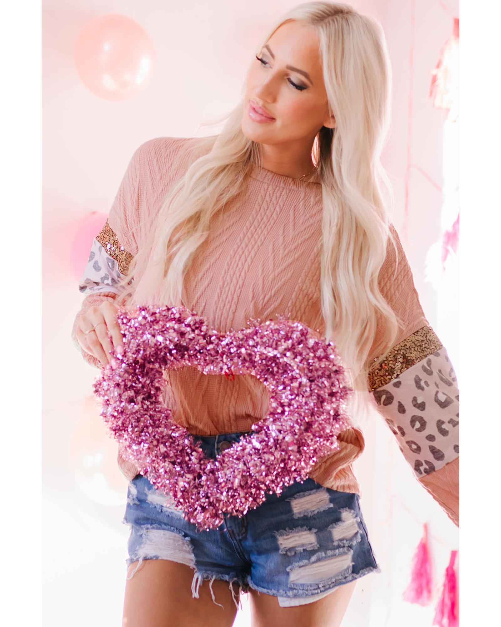 Azura Exchange Sequin Splicing Sleeves Knit Top - S Secondary image