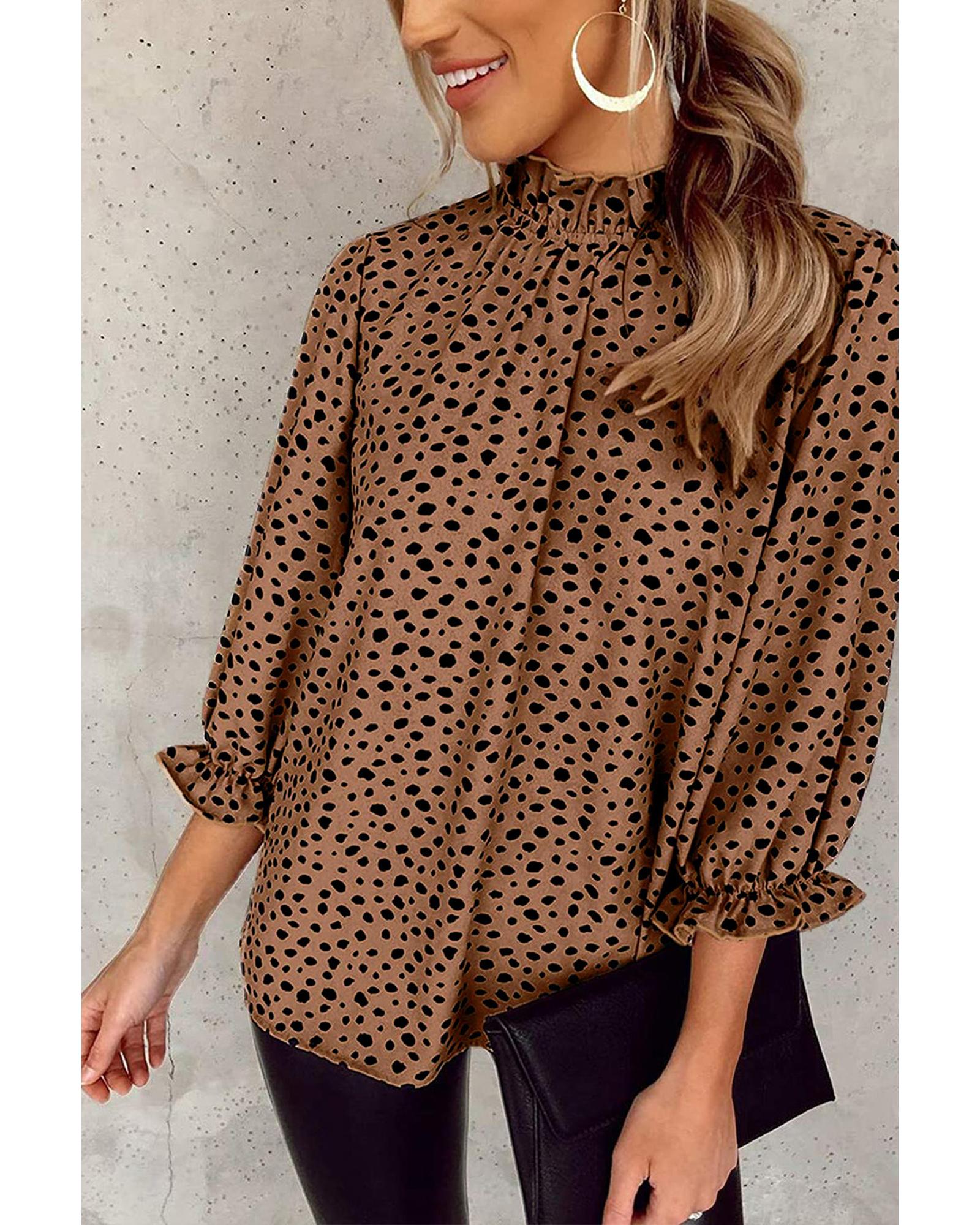 Azura Exchange Frilled Neck 3/4 Sleeves Cheetah Blouse - M Secondary image