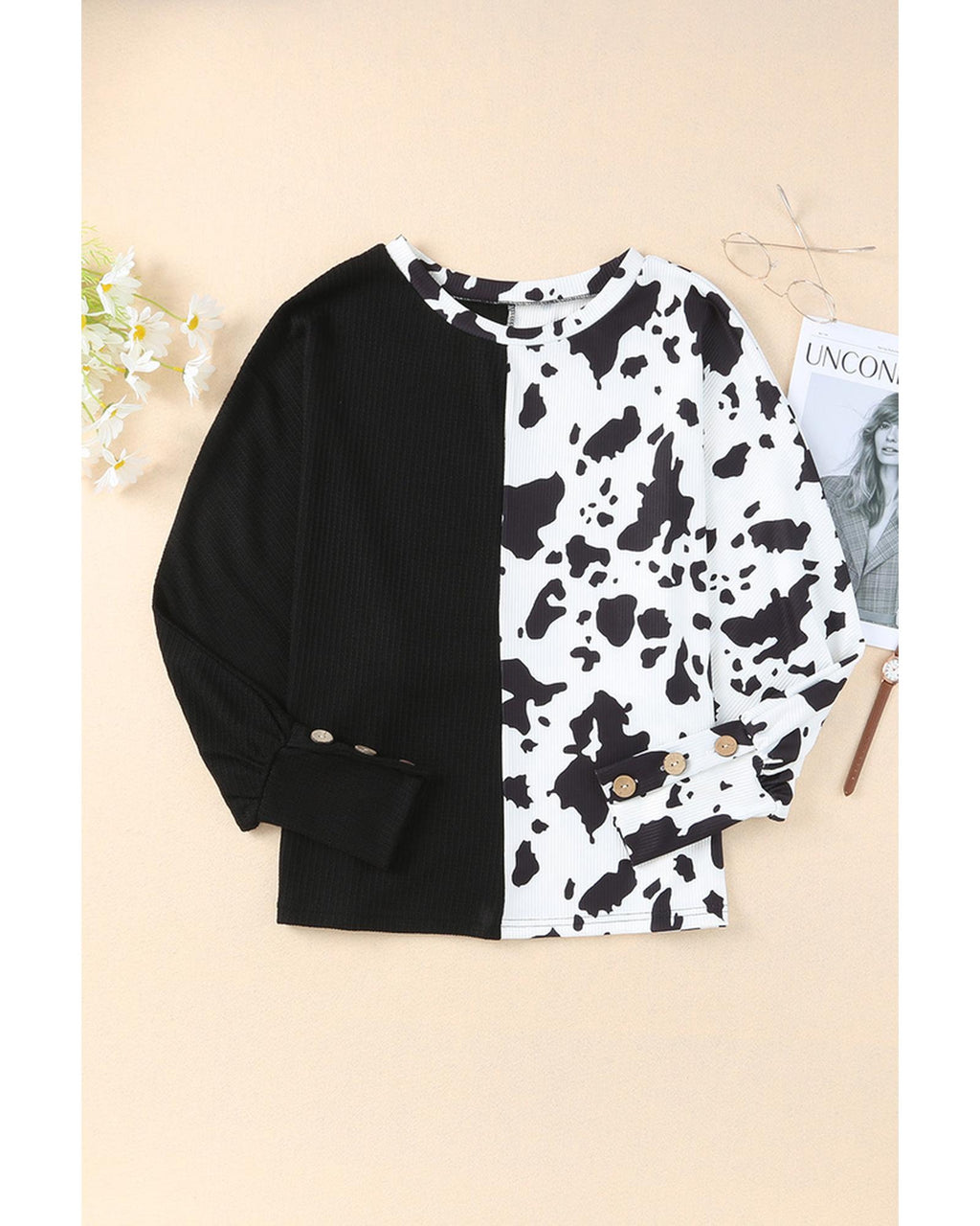 Azura Exchange Patchwork Waffle Knit Long Sleeve Top - M