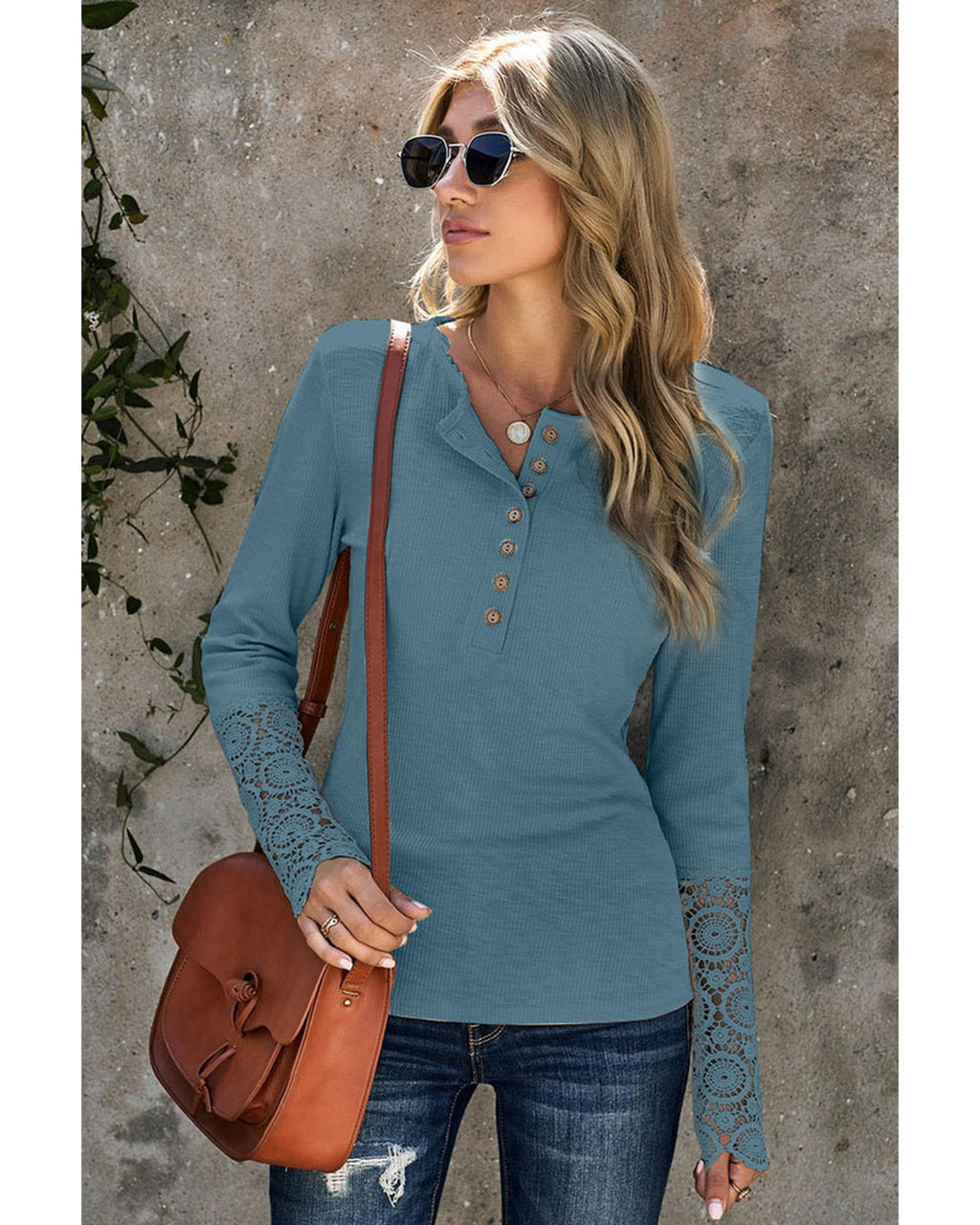 Azura Exchange Lace Hem Sleeve Button Top - 2XL