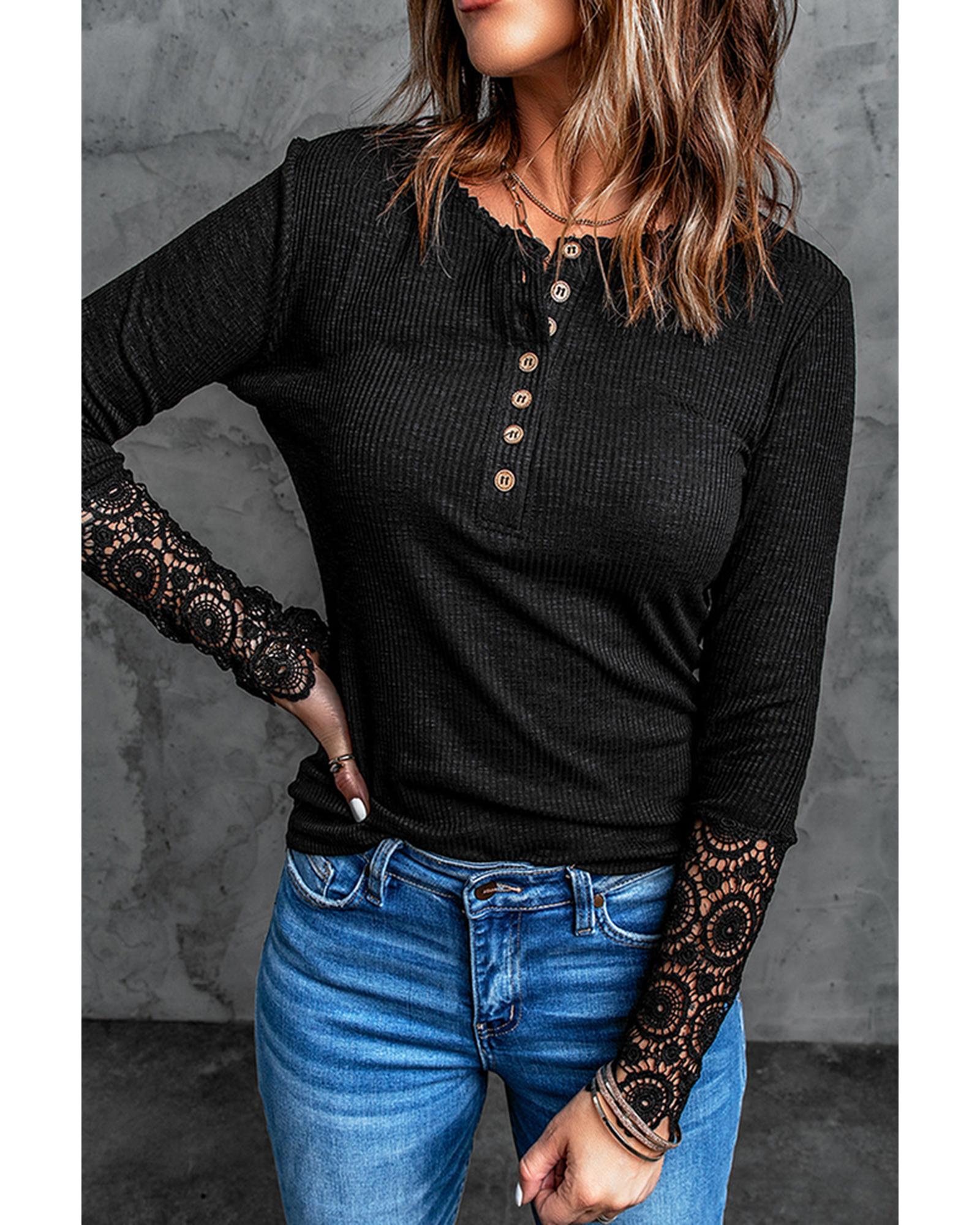 Azura Exchange Lace Hem Sleeve Button Top - S Main image