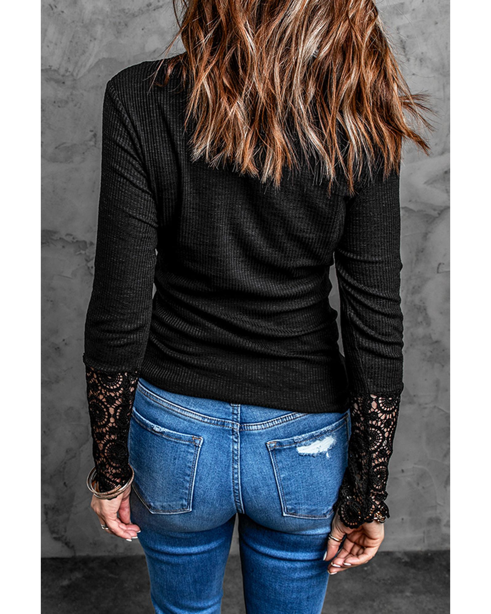 Azura Exchange Lace Hem Sleeve Button Top - S Secondary image