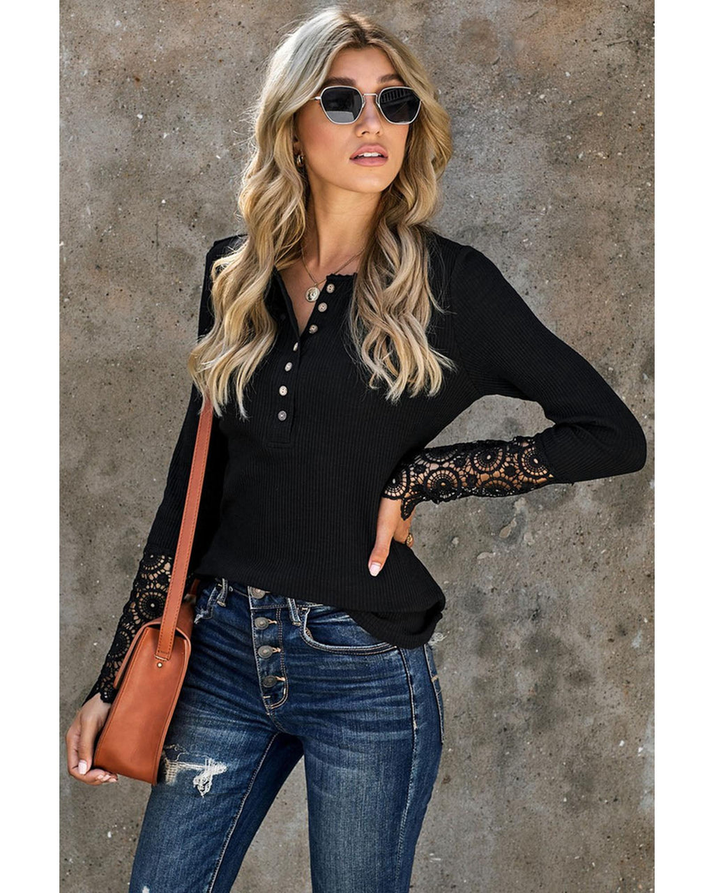 Azura Exchange Lace Hem Sleeve Button Top - XL