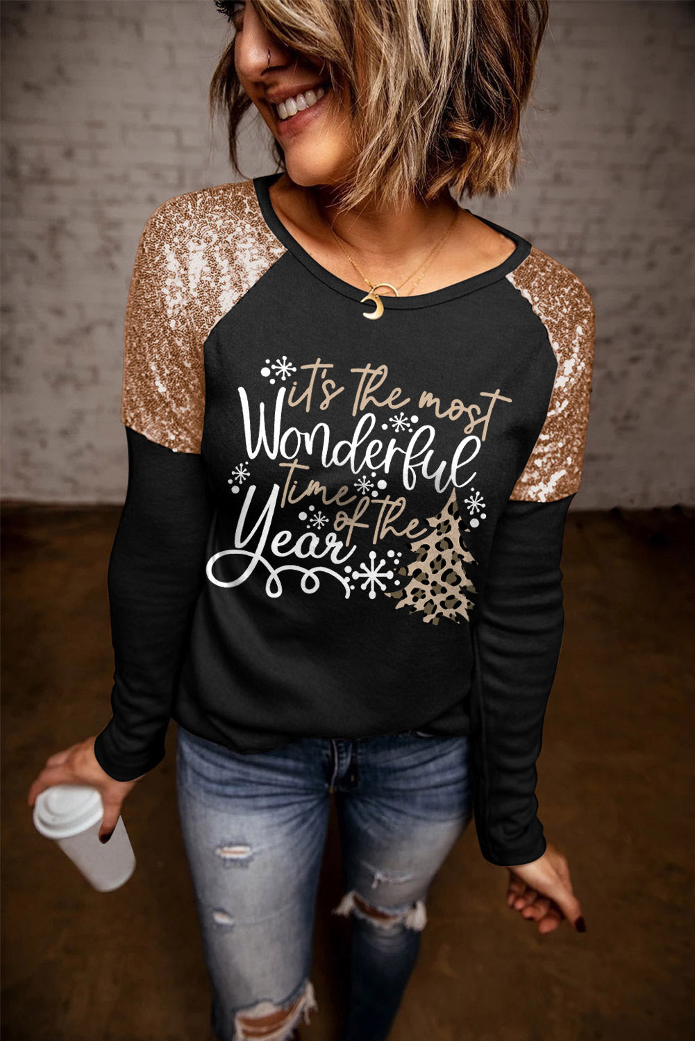 Azura Exchange Christmas Season Graphic Sequin Shoulder Top - S Secondary image