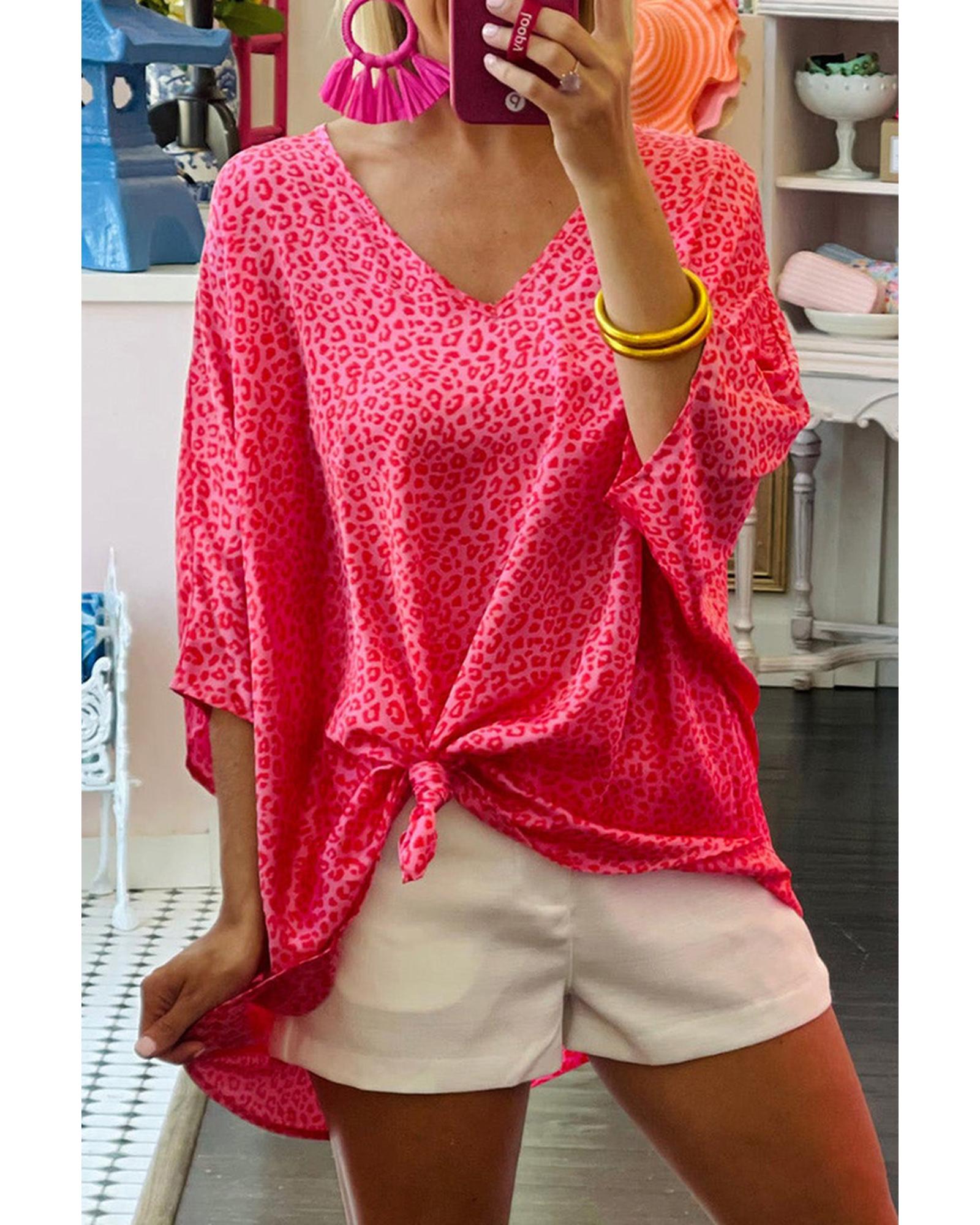 Azura Exchange Leopard Print Oversized V Neck Top - S Main image