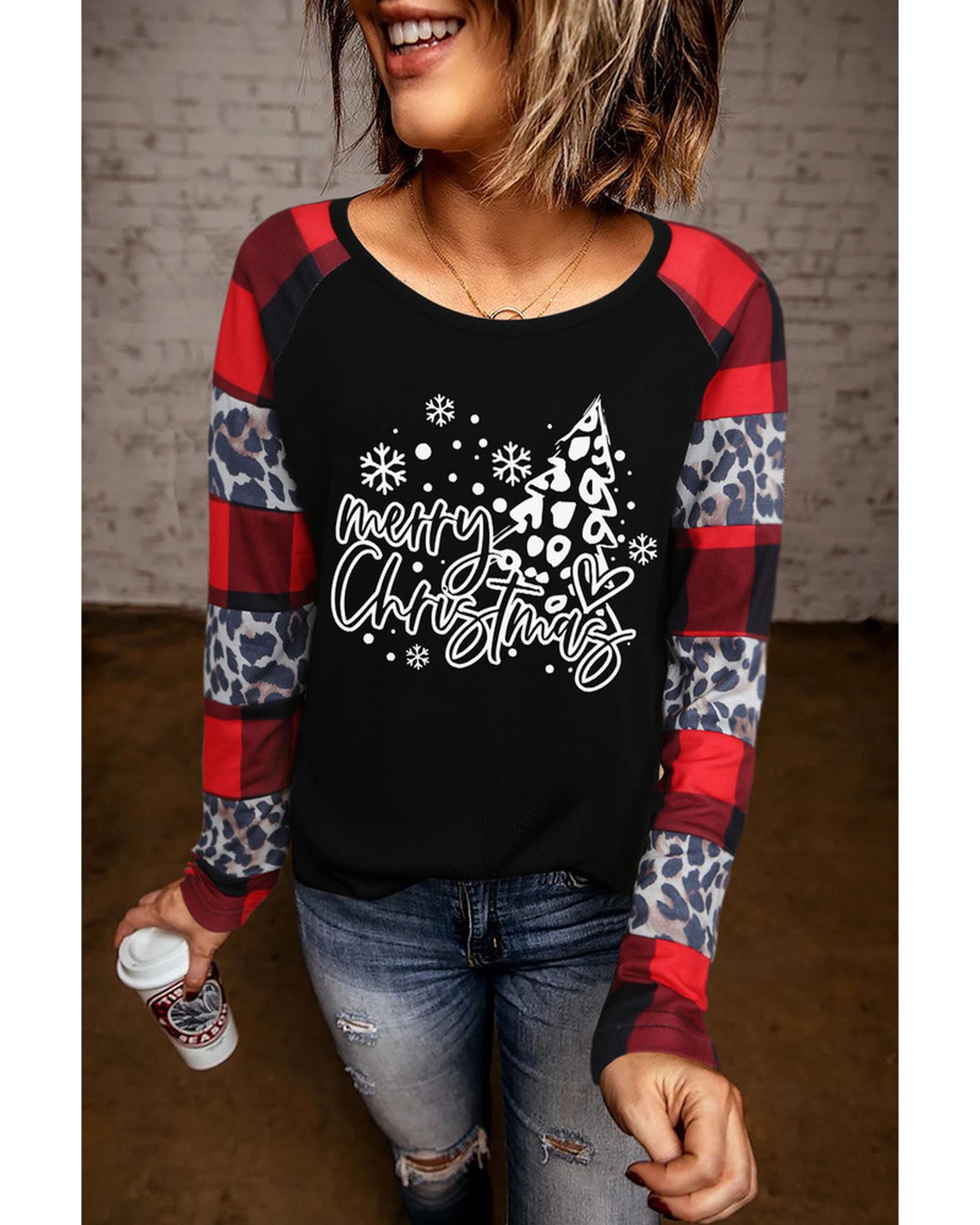 Azura Exchange Plaid Leopard Patchwork Long Sleeve Top - M