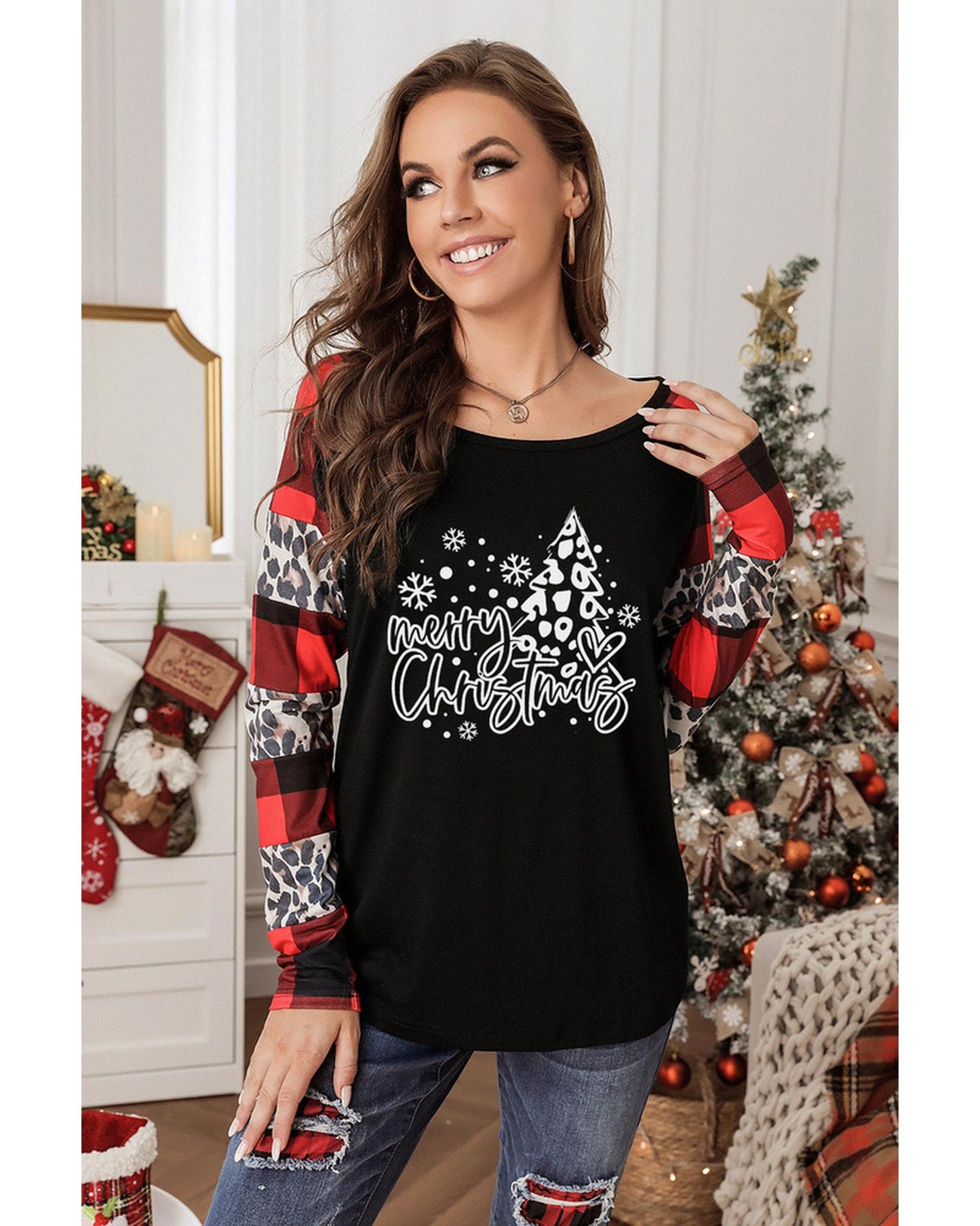 Azura Exchange Plaid Leopard Patchwork Long Sleeve Top - M