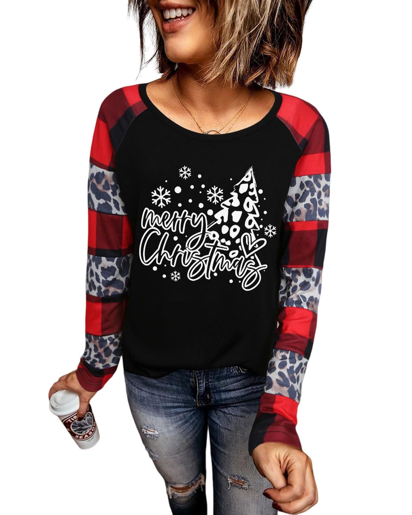 Azura Exchange Plaid Leopard Patchwork Long Sleeve Top - M