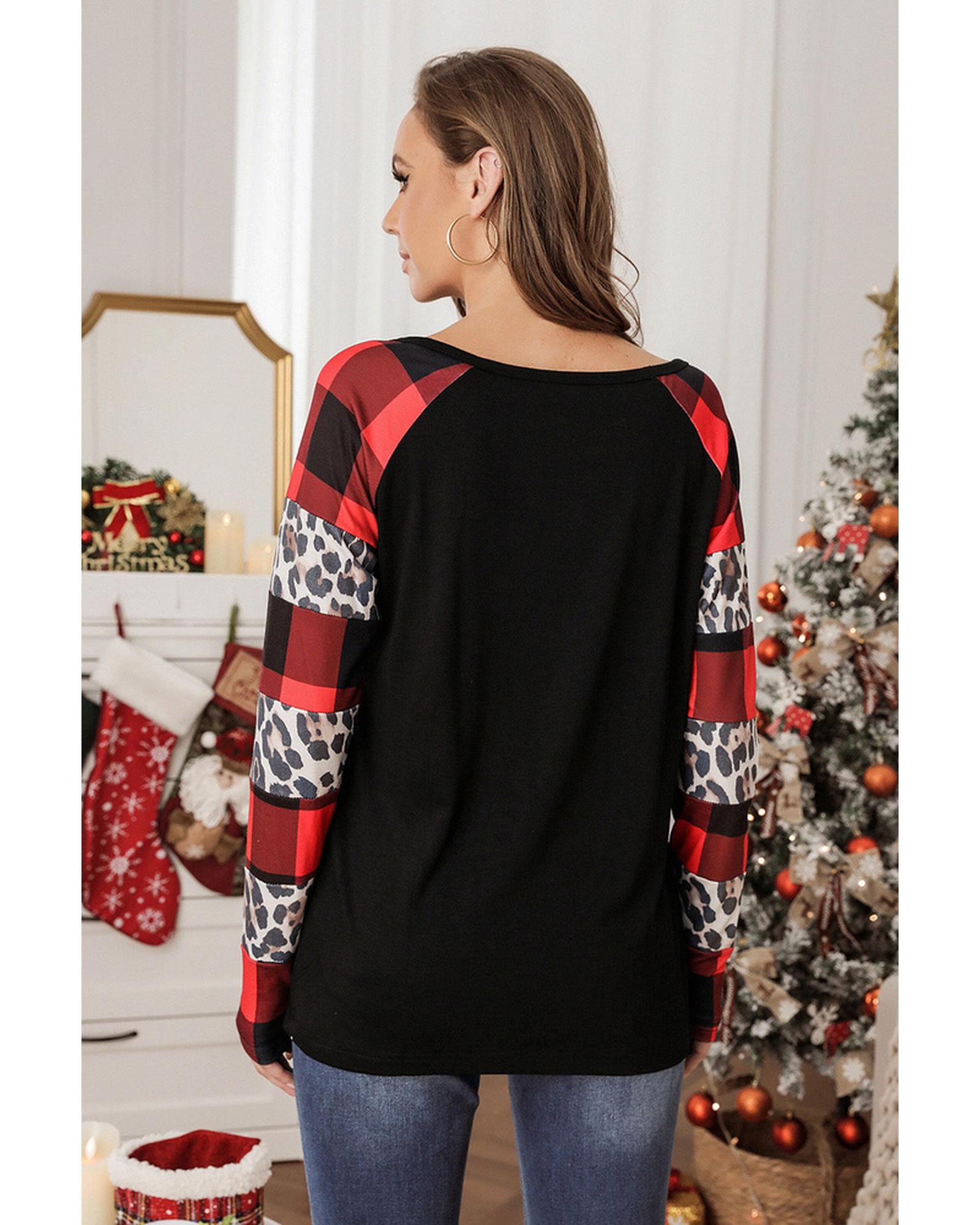 Azura Exchange Plaid Leopard Patchwork Long Sleeve Top - S Secondary image
