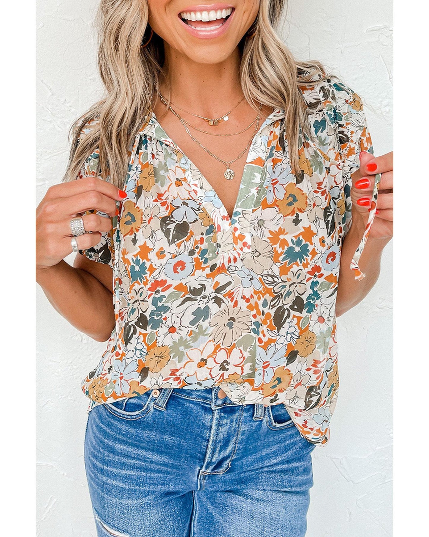 Azura Exchange Multicolor Split V Neck Flower Print Blouse - L