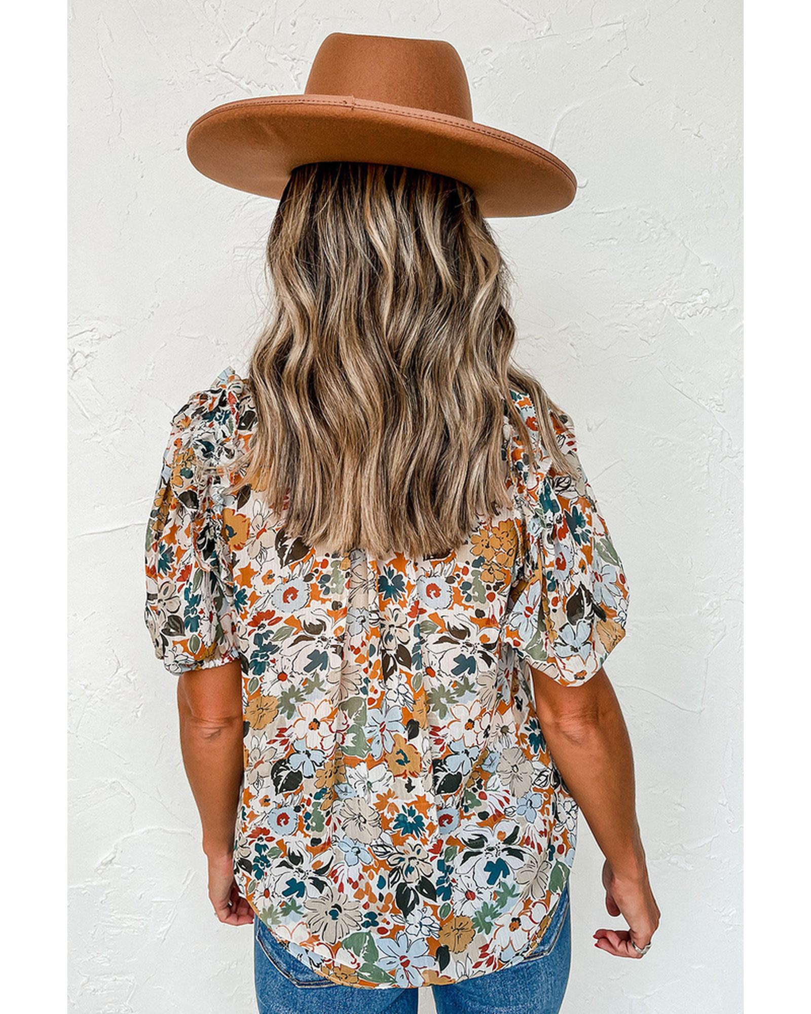 Azura Exchange Multicolor Split V Neck Flower Print Blouse - XL Secondary image