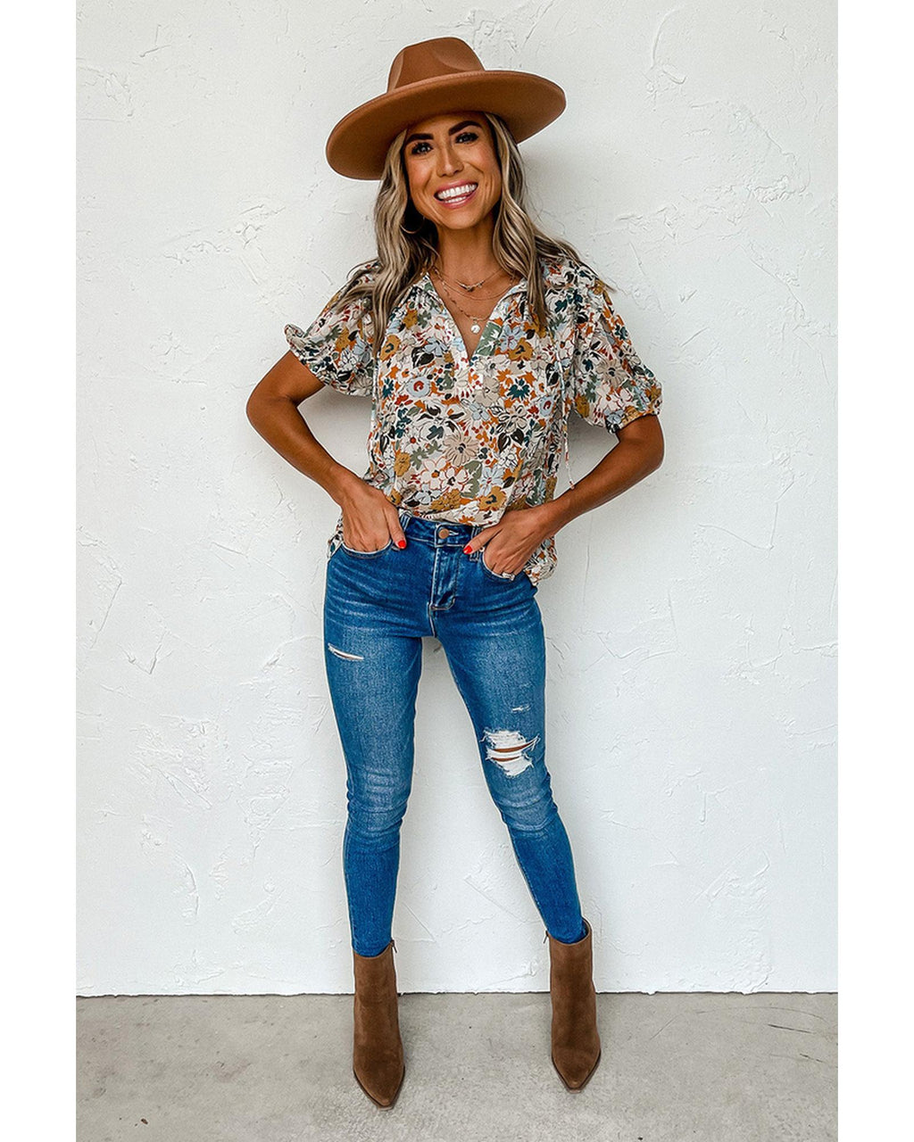 Azura Exchange Multicolor Split V Neck Flower Print Blouse - XL