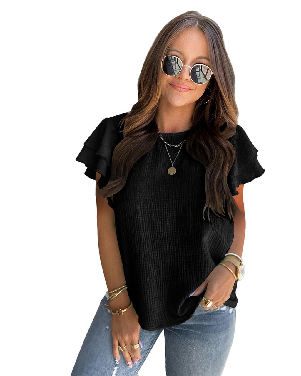 Azura Exchange Tiered Ruffled Short Sleeve Blouse - S