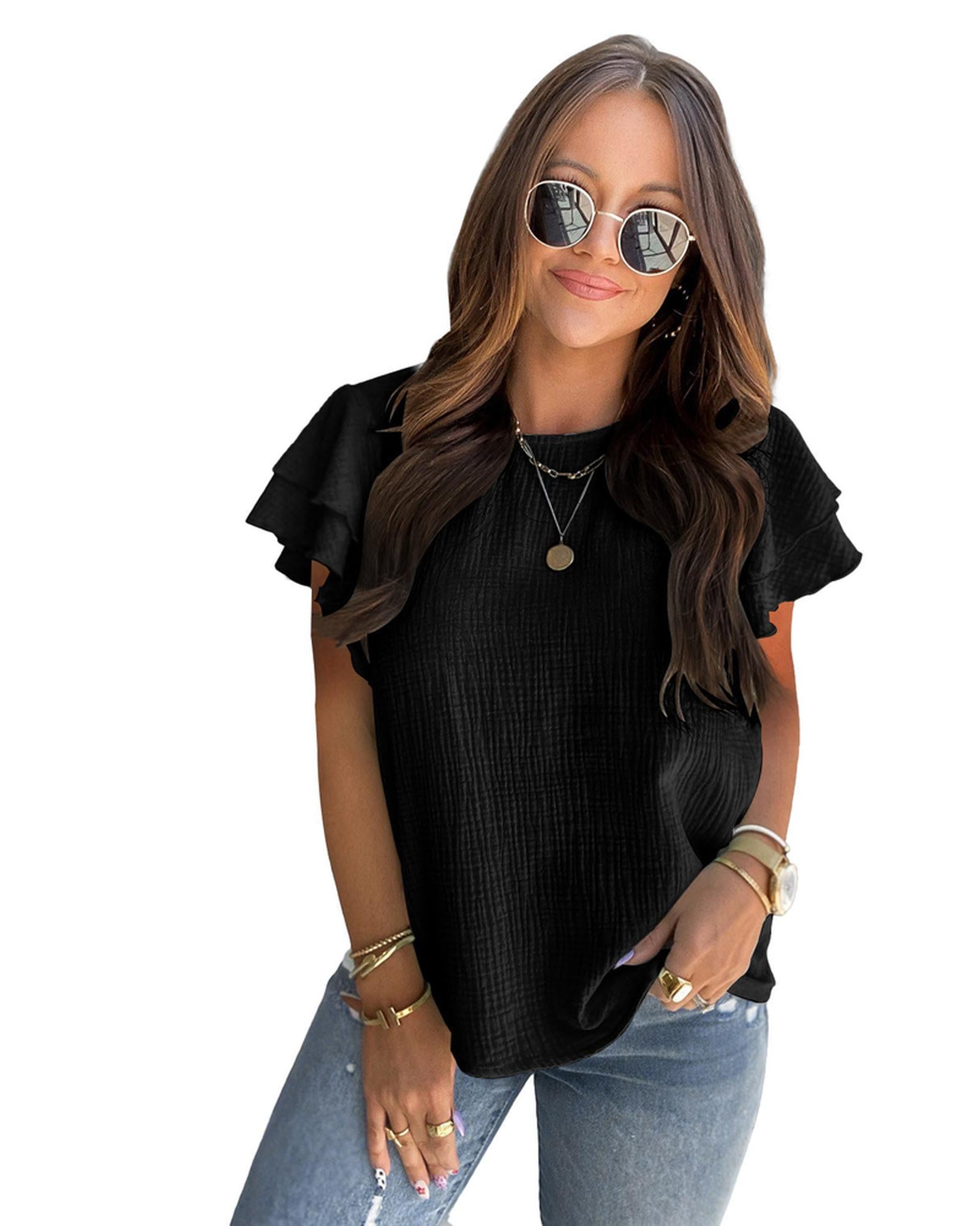 Azura Exchange Tiered Ruffled Short Sleeve Blouse - S