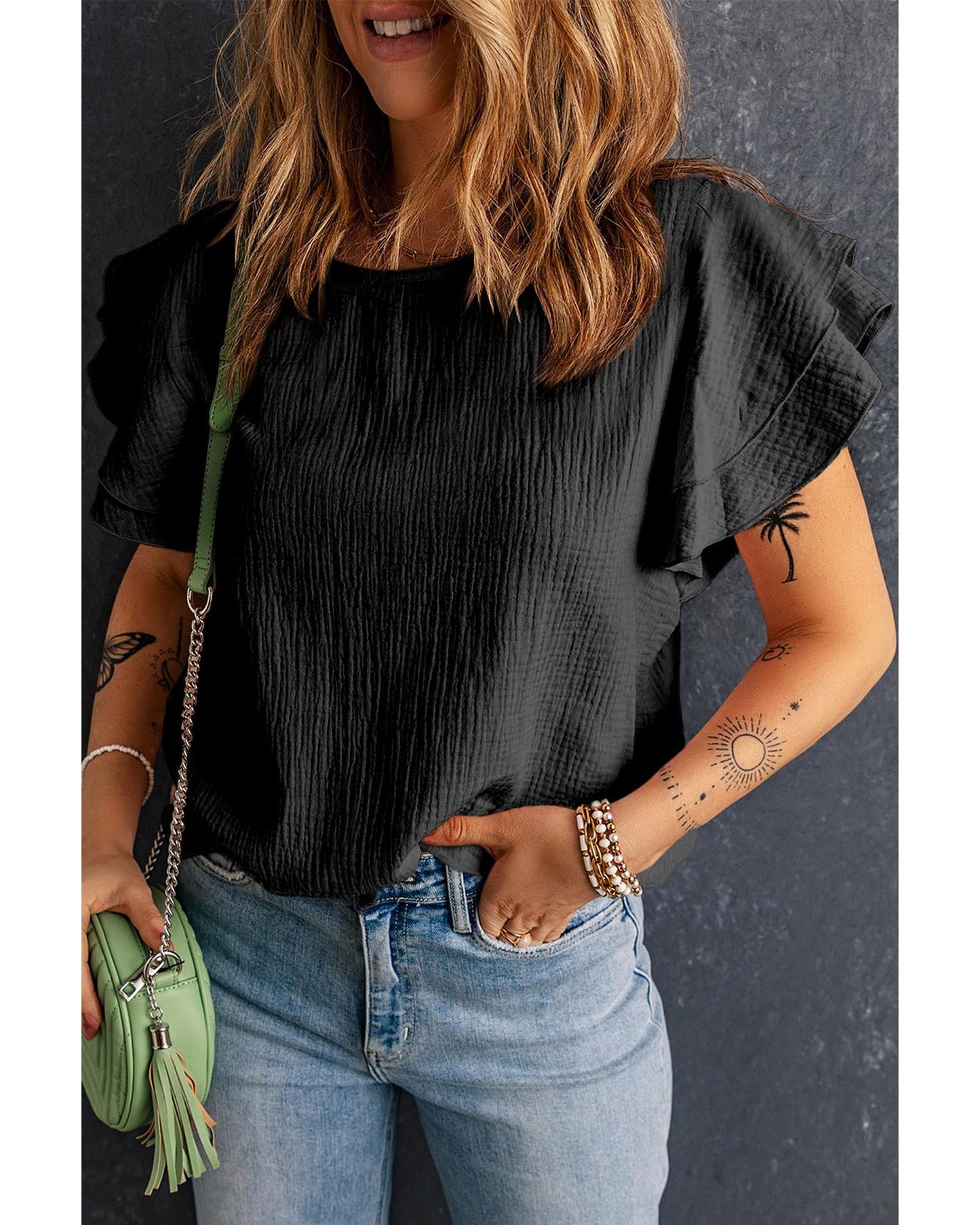 Azura Exchange Tiered Ruffled Short Sleeve Blouse - S