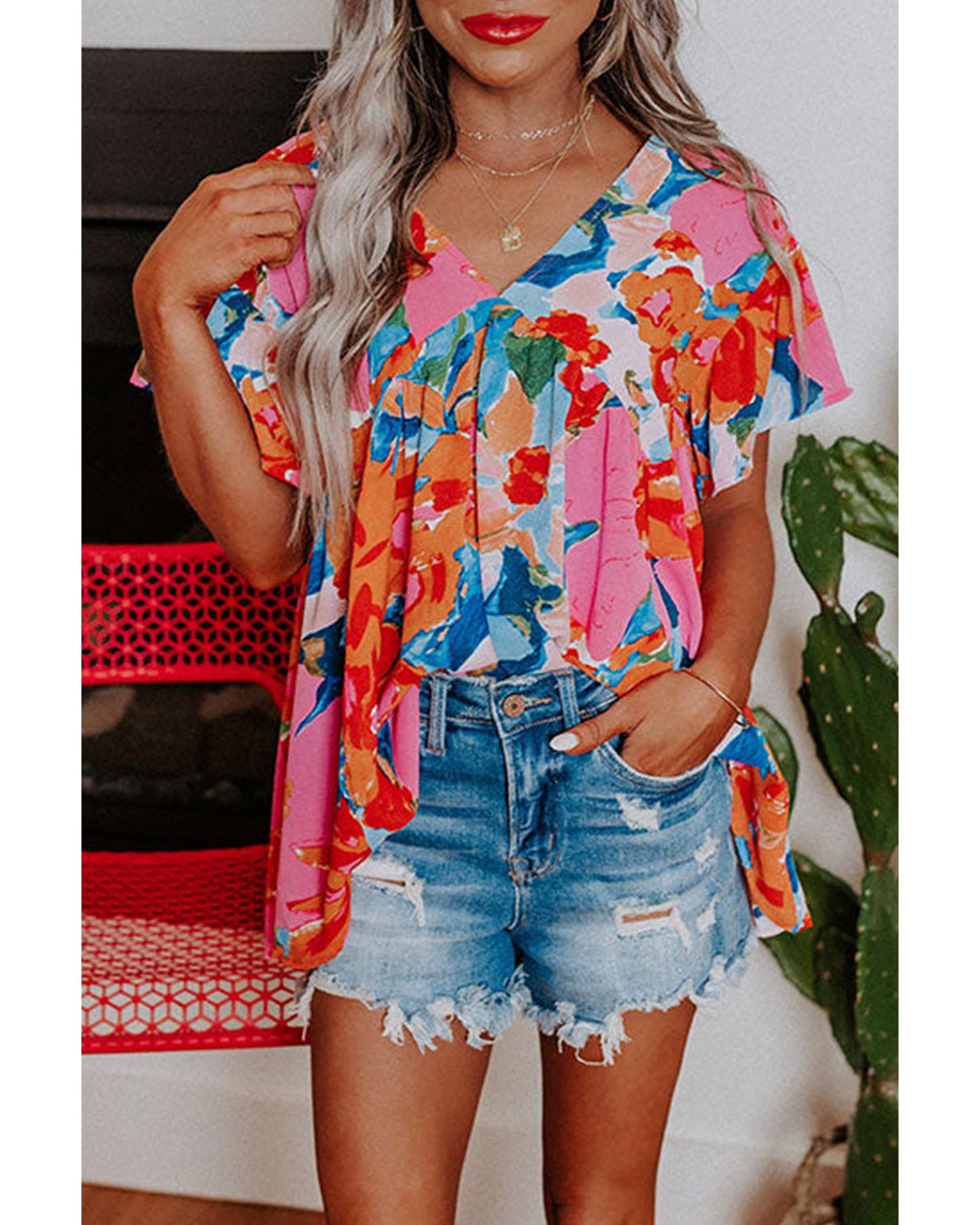 Azura Exchange Abstract Print V Neck Flutter Sleeve Blouse - S Main image
