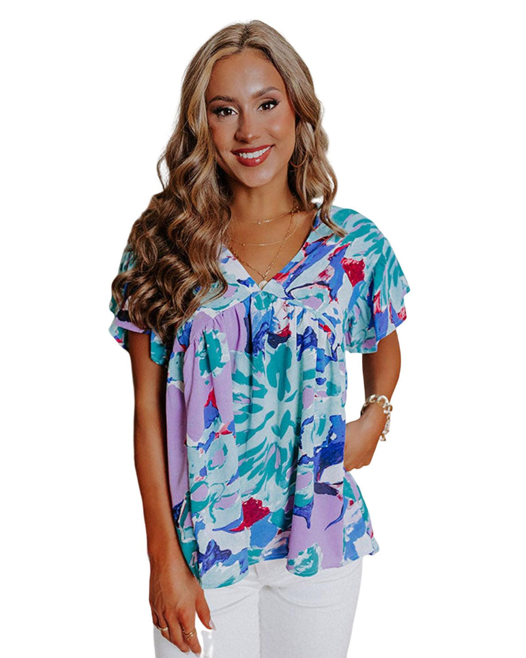Azura Exchange Print Flutter Sleeve Blouse - M