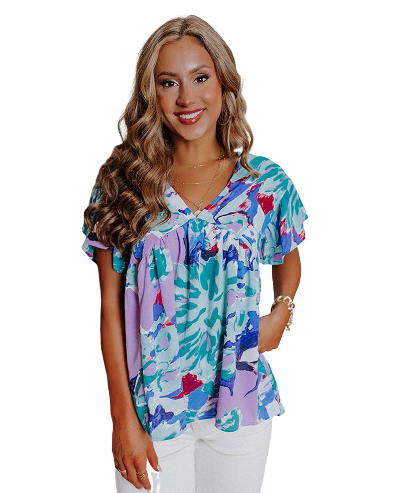 Azura Exchange Print Flutter Sleeve Blouse - M