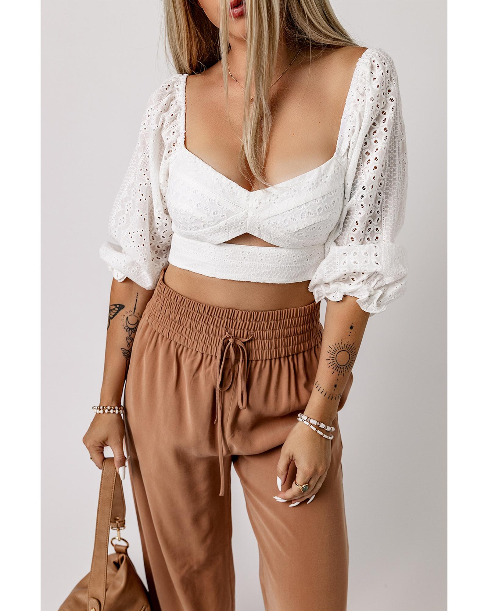 Azura Exchange Lace Crochet Zipped Knot Cropped Blouse - L Main image