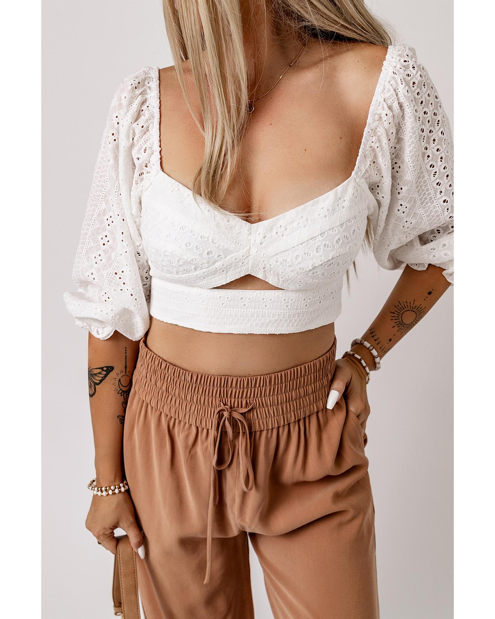Azura Exchange Lace Crochet Zipped Knot Cropped Blouse - L Secondary image