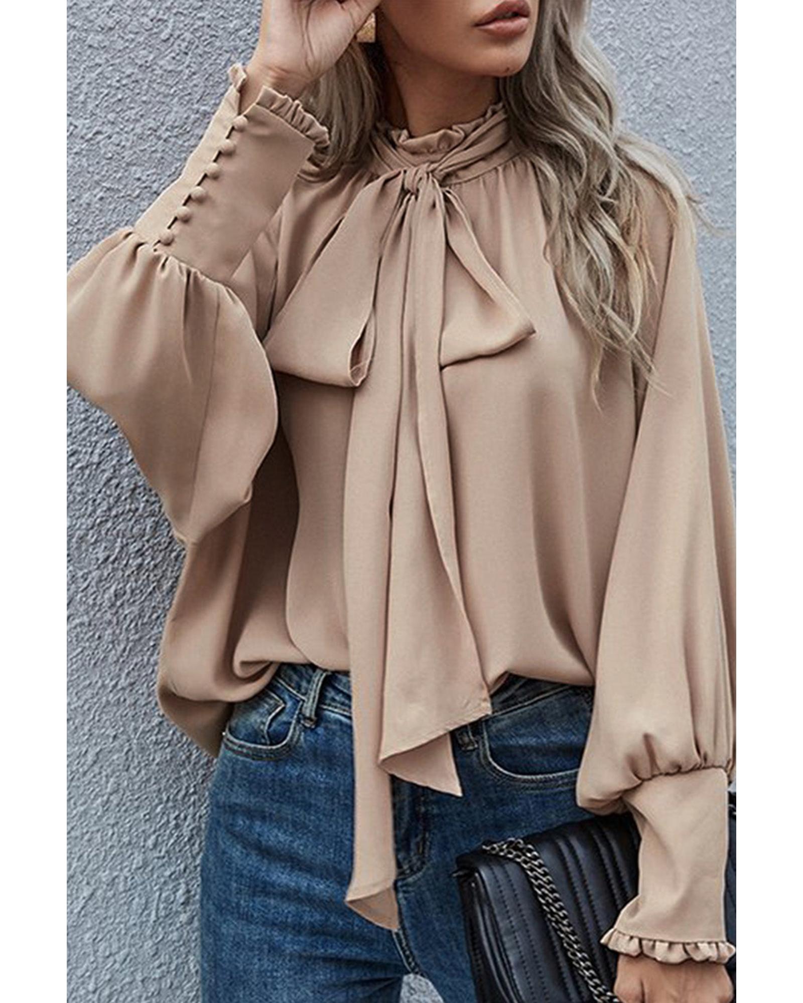 Azura Exchange Khaki Frilled Knotted Blouse with Bishop Sleeves - M Main image