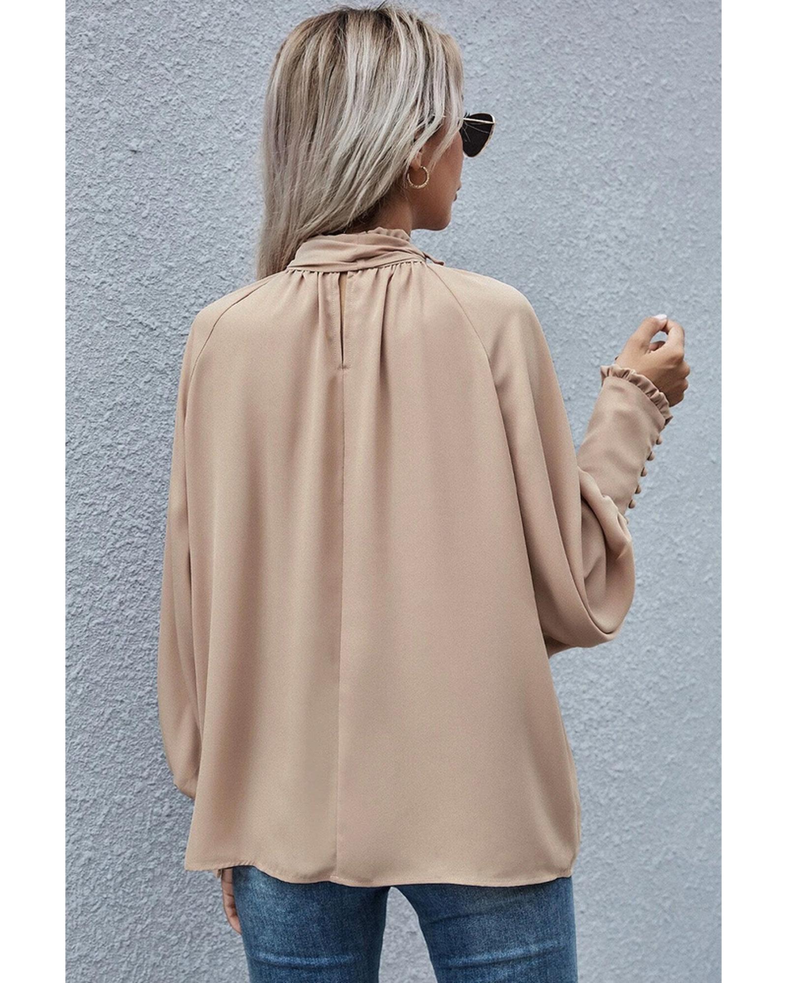 Azura Exchange Khaki Frilled Knotted Blouse with Bishop Sleeves - XL Secondary image
