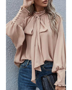 Azura Exchange Khaki Frilled Knotted Blouse with Bishop Sleeves - XL