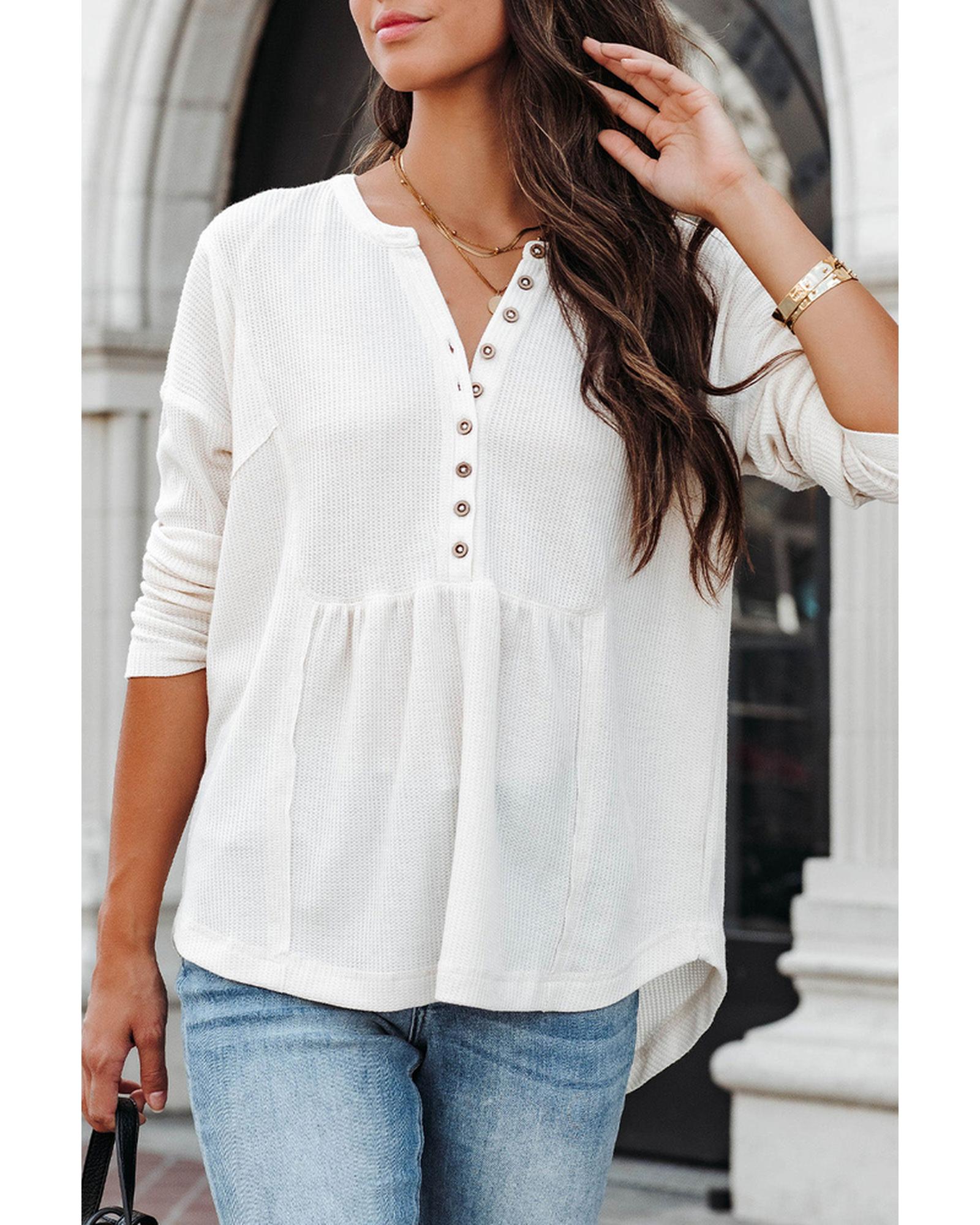 Azura Exchange Waffle Knit Half Button Henley Top - M