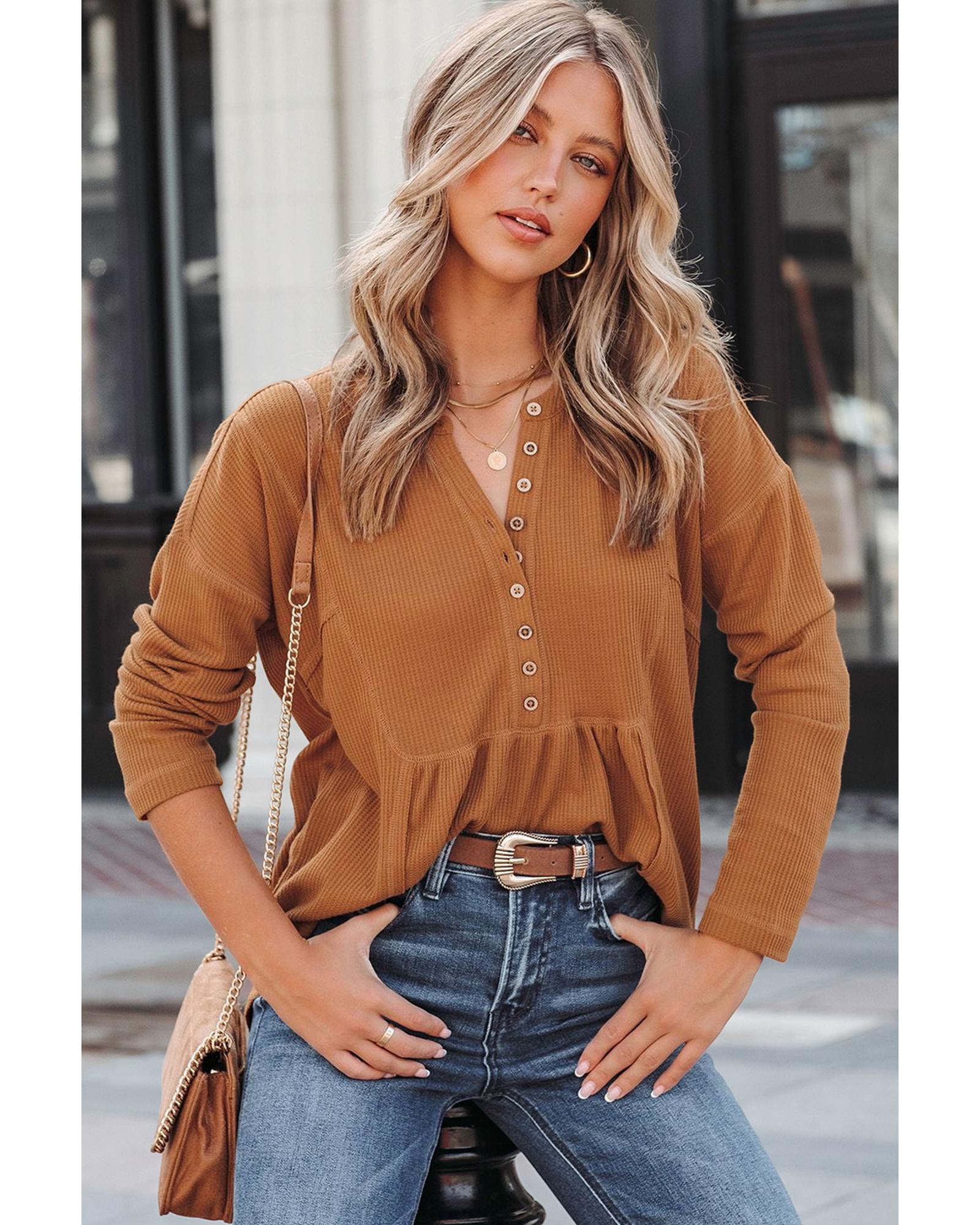 Azura Exchange Waffle Knit Half Button Henley Top - L Secondary image