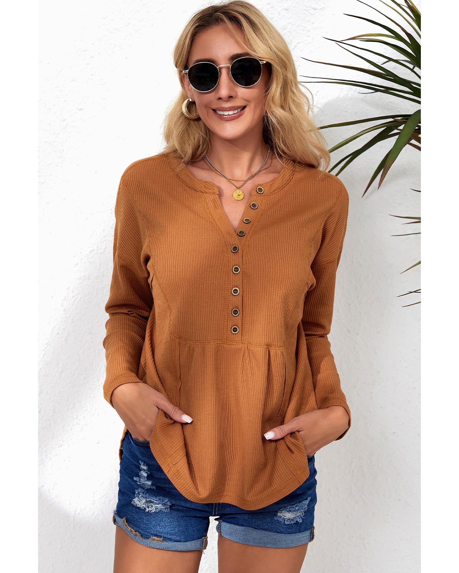 Azura Exchange Waffle Knit Half Button Henley Top - M Main image