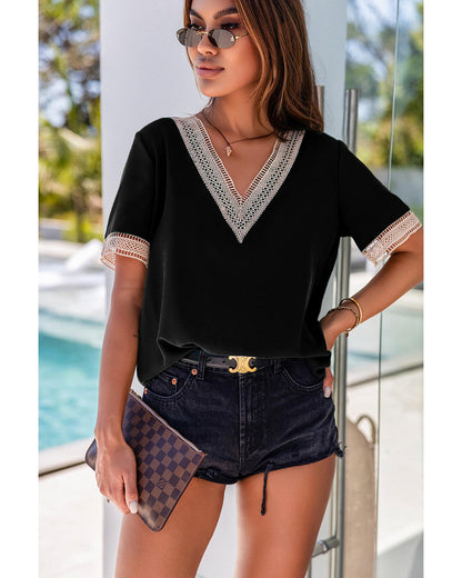Azura Exchange V-Neck Short Sleeve Blouse with Lace Trim - S