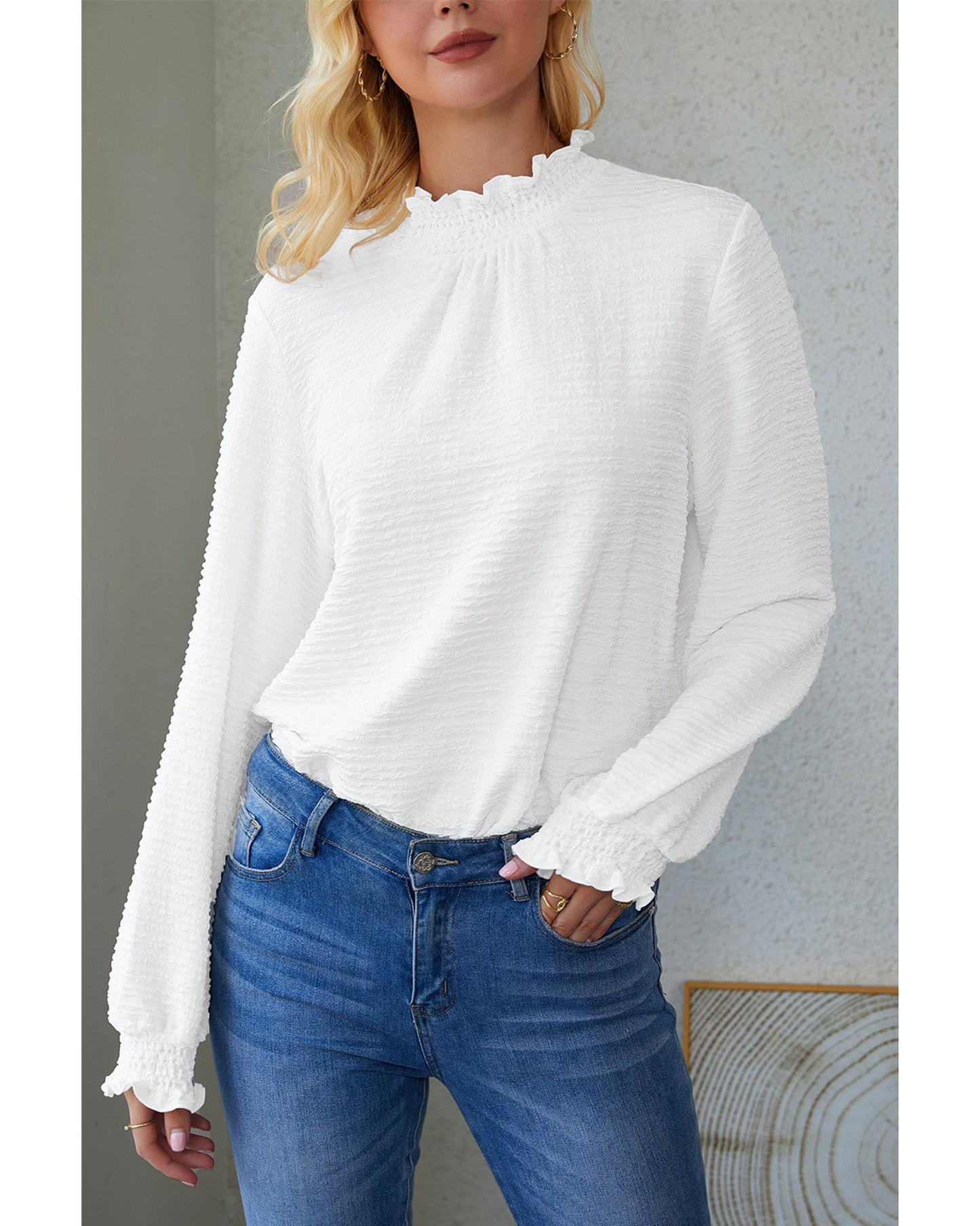 Azura Exchange Frilled Textured Bishop Sleeve Blouse - S