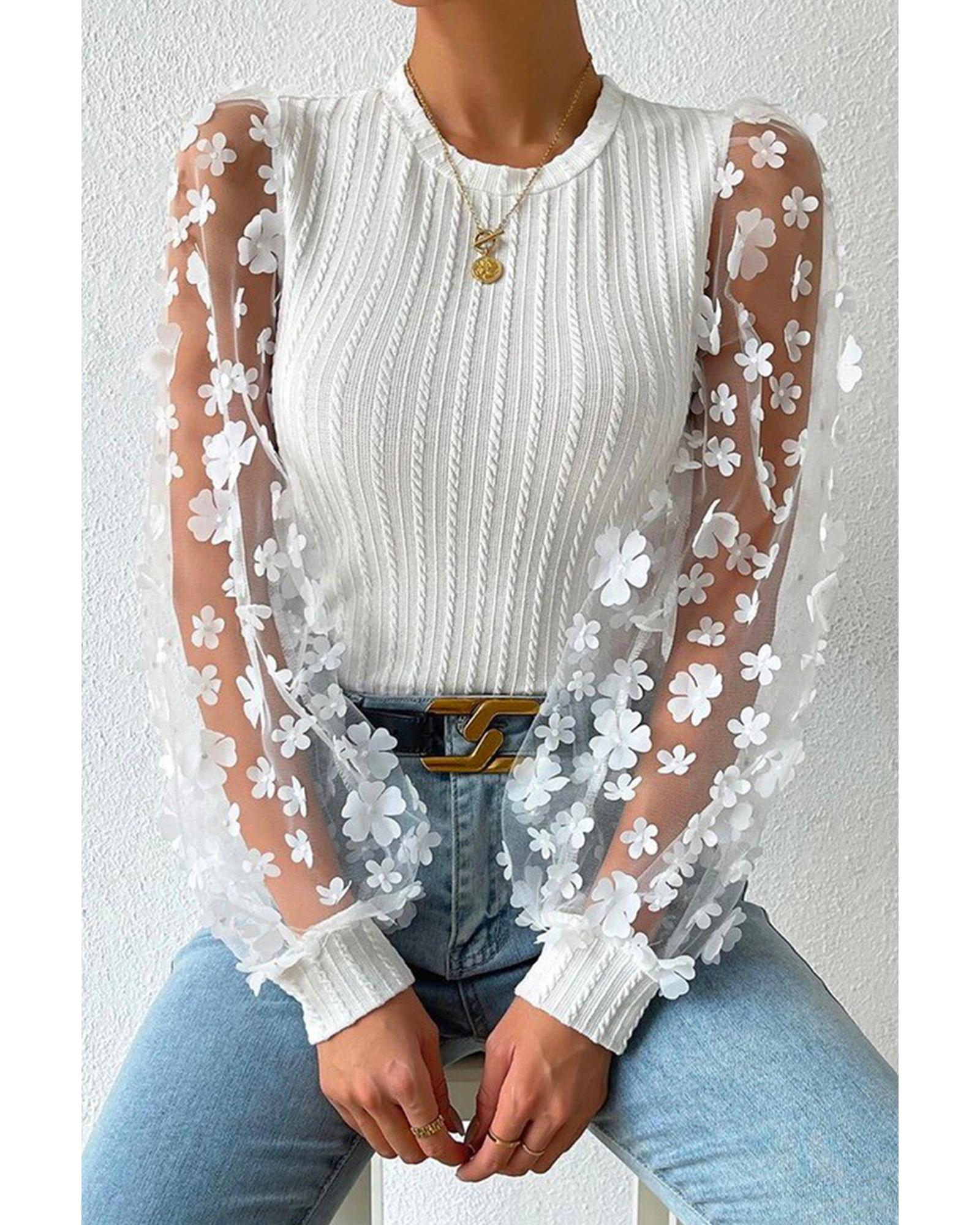 Azura Exchange Applique Mesh Sleeves Textured Knit Blouse - L Main image