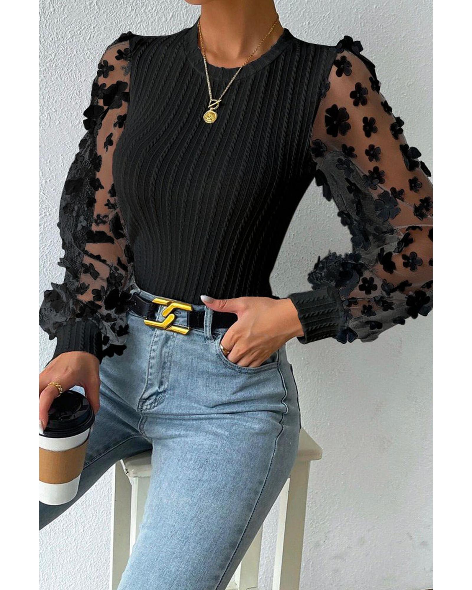Azura Exchange Textured Knit Blouse with Floral Applique Mesh Sleeves - XL Main image