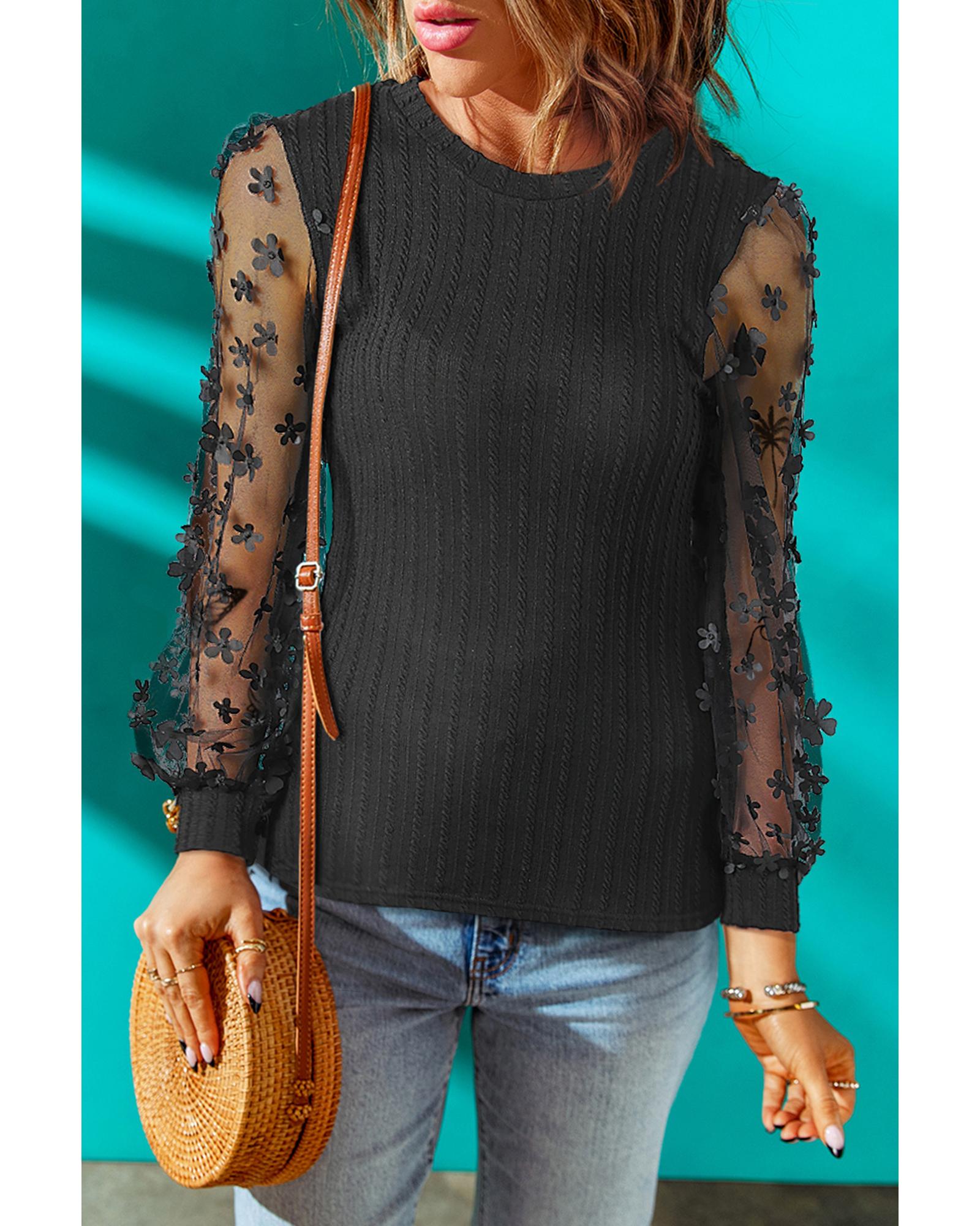 Azura Exchange Textured Knit Blouse with Floral Applique Mesh Sleeves - XL Secondary image