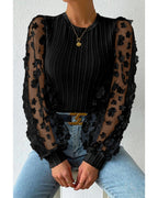 Azura Exchange Textured Knit Blouse with Floral Applique Mesh Sleeves - XL