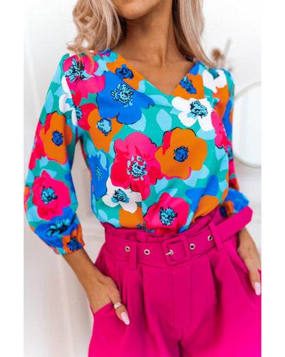 Azura Exchange Floral Print V Neck Blouse - S