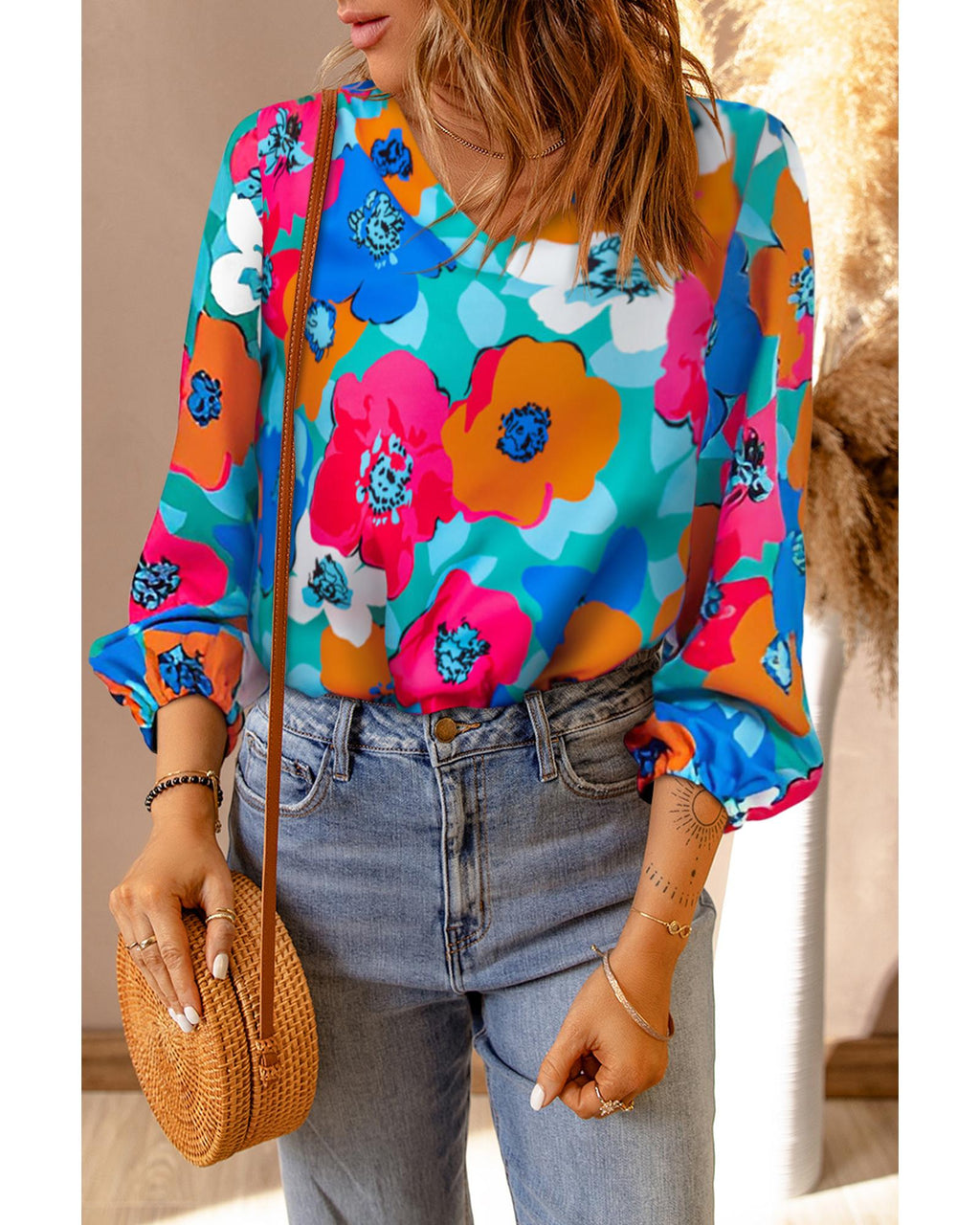 Azura Exchange Floral Print V Neck Blouse - S