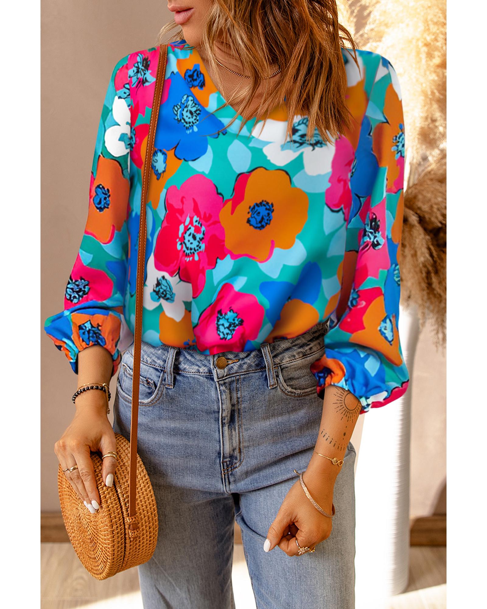 Azura Exchange Floral Print V Neck Blouse - S