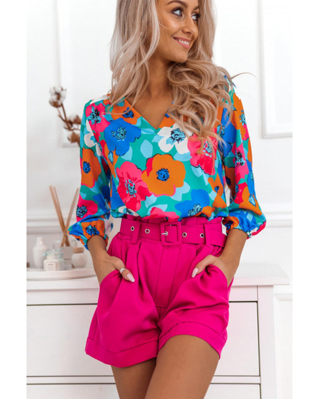 Azura Exchange Floral Print V Neck Blouse - S