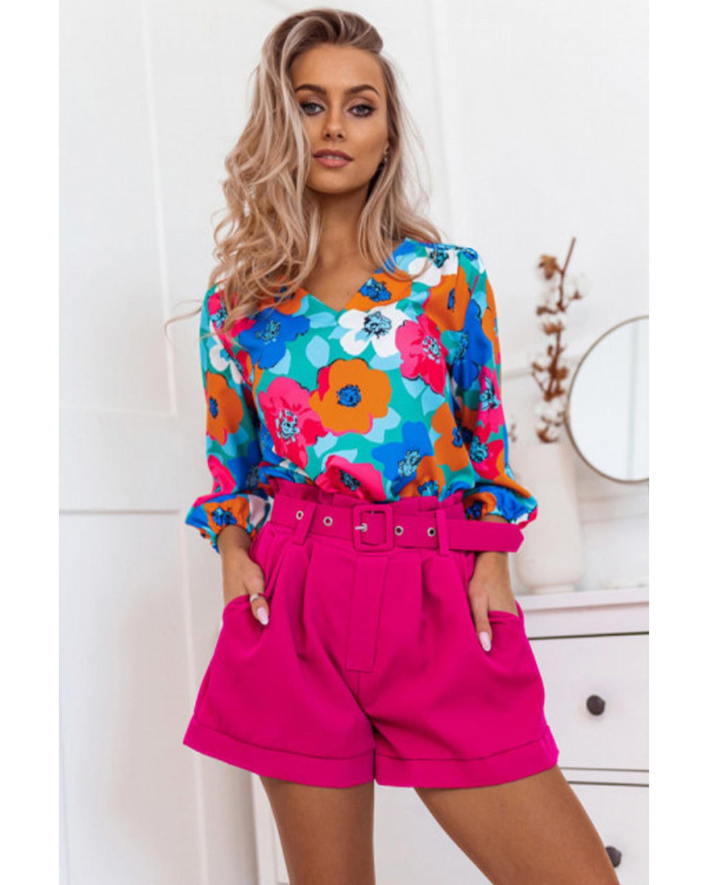 Azura Exchange Floral Print V Neck Blouse - S