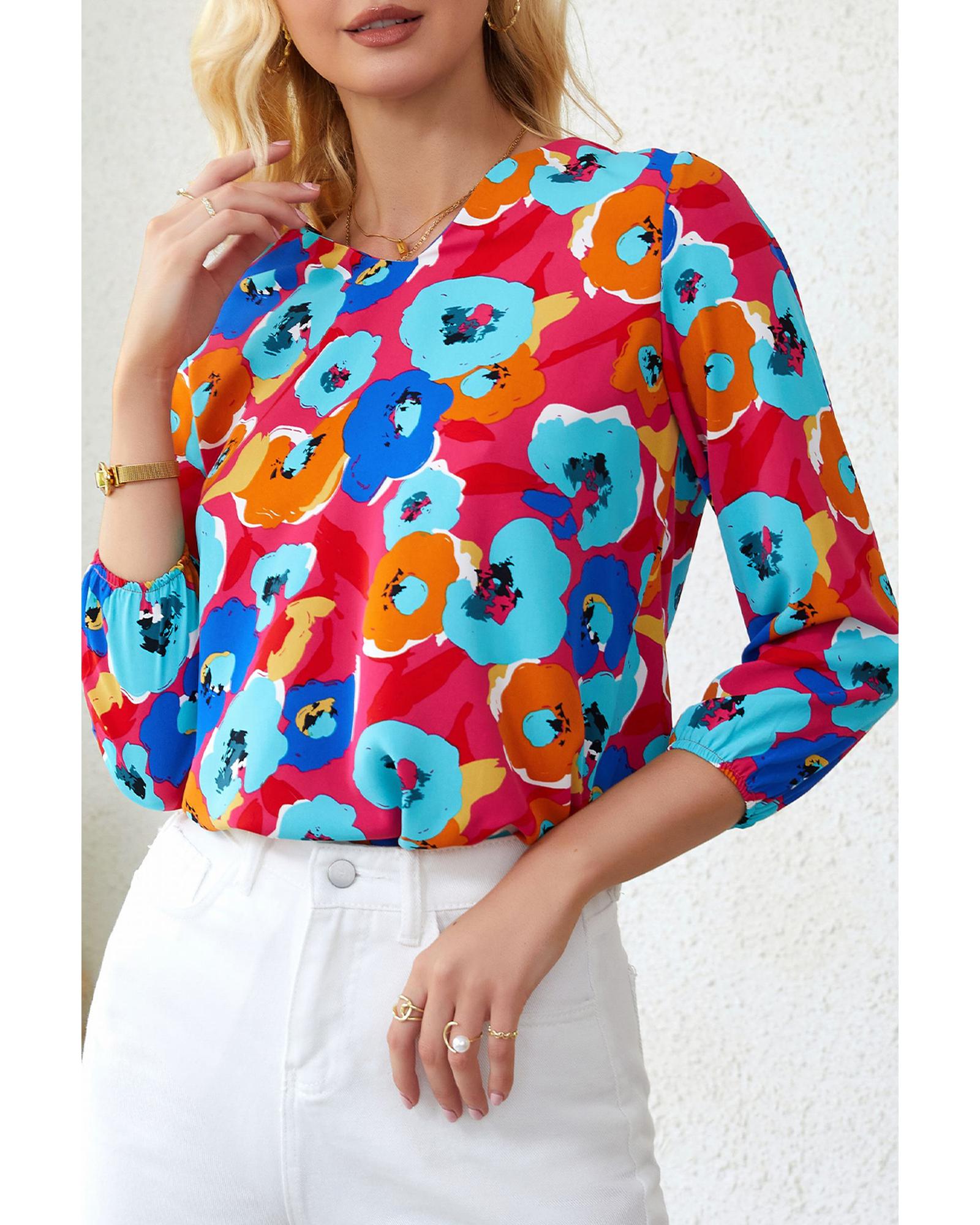 Azura Exchange V Neck 3/4 Sleeve Floral Print Blouse - L Secondary image