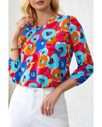 Azura Exchange V Neck 3/4 Sleeve Floral Print Blouse - L