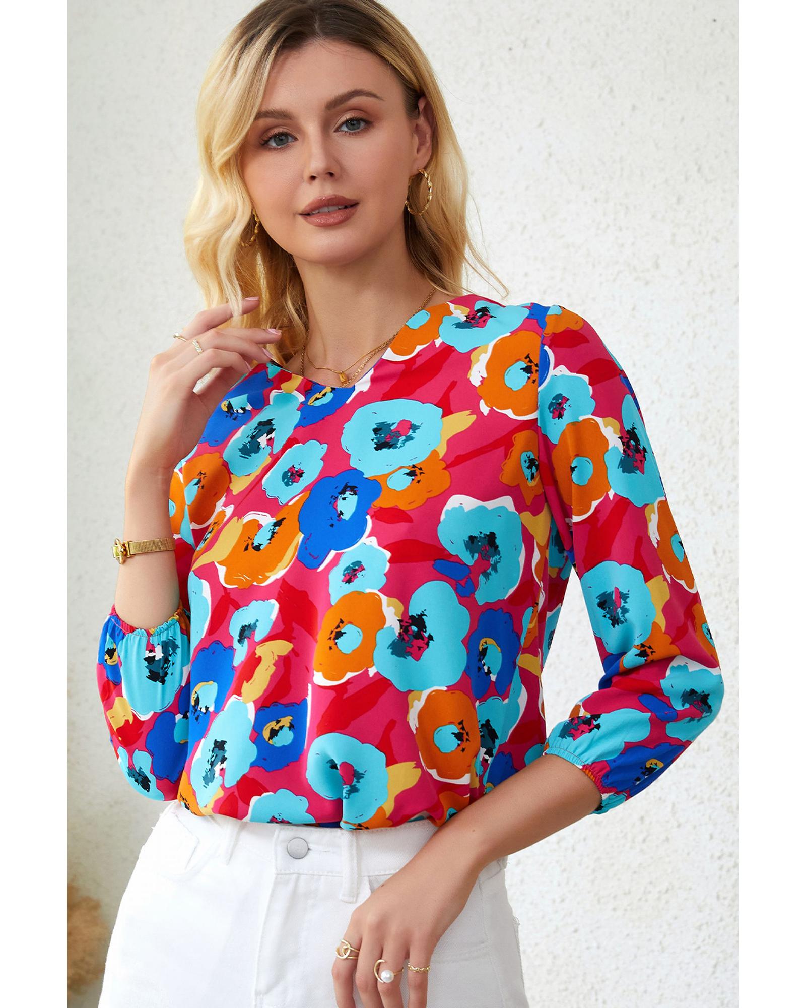 Azura Exchange V Neck 3/4 Sleeve Floral Print Blouse - XL Main image