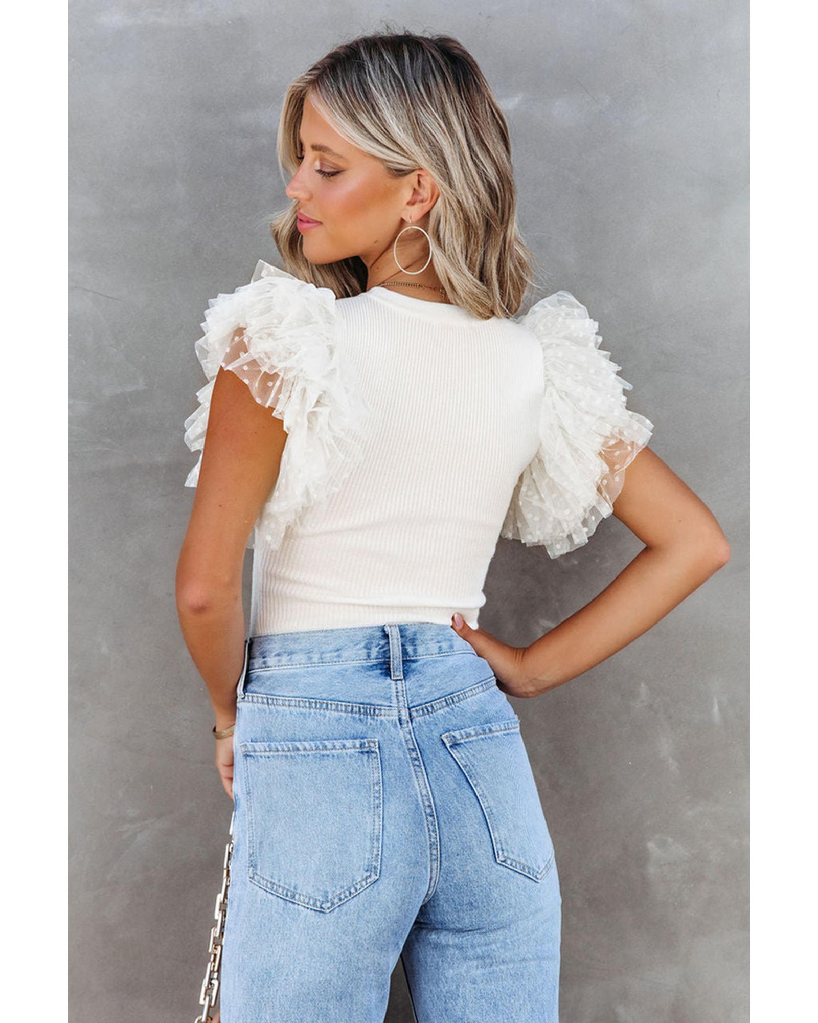 Azura Exchange Dotty Mesh Ruffle Sleeve Ribbed Knit Top - S Secondary image