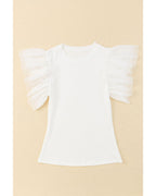 Azura Exchange Dotty Mesh Ruffle Sleeve Ribbed Knit Top - S
