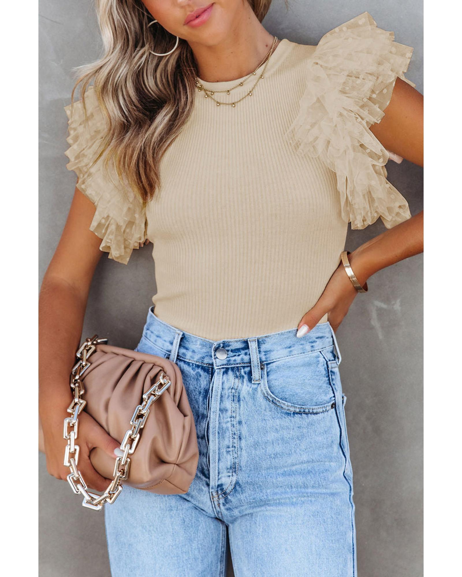 Azura Exchange Ruffle Sleeve Ribbed Knit Top - L Main image