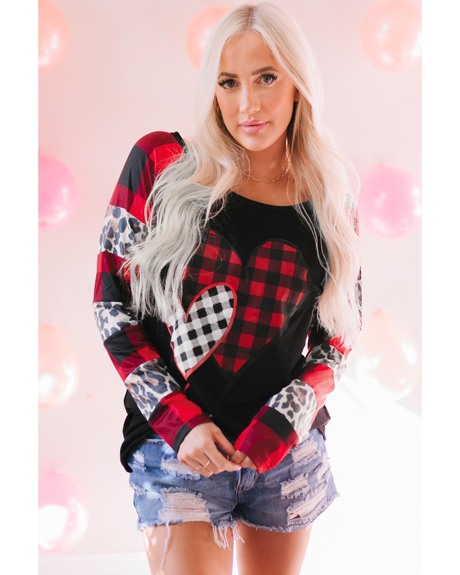 Azura Exchange Heart Print Plaid Leopard Joint Sleeve Blouse - M Main image