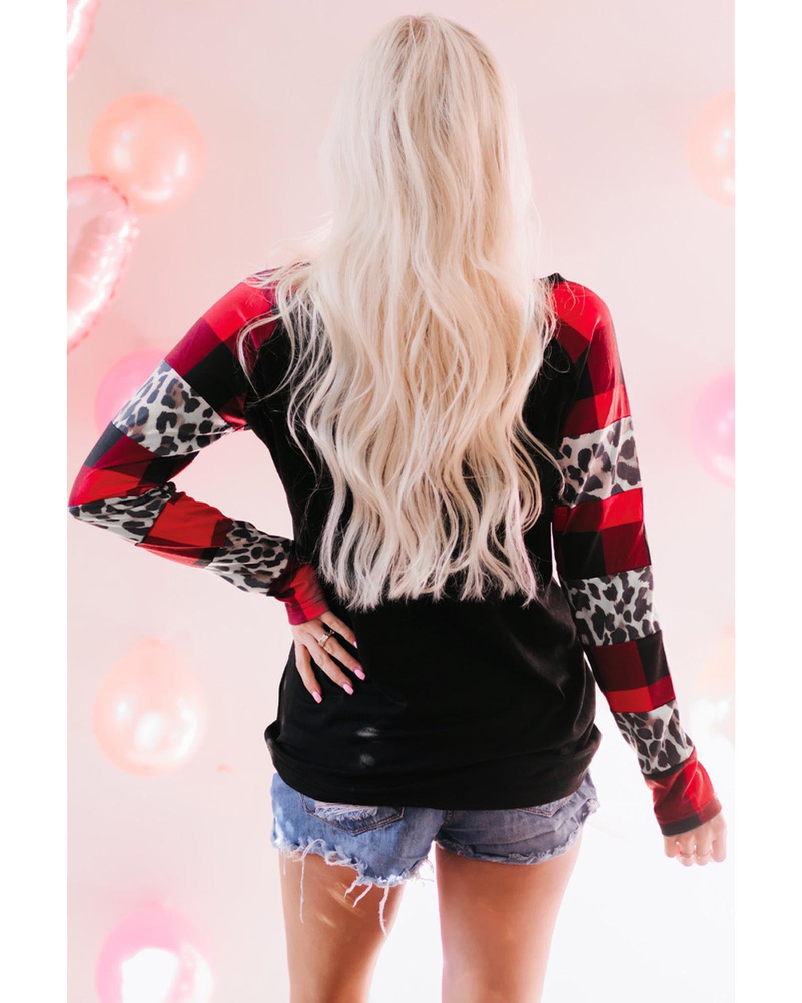 Azura Exchange Heart Print Plaid Leopard Joint Sleeve Blouse - M Secondary image