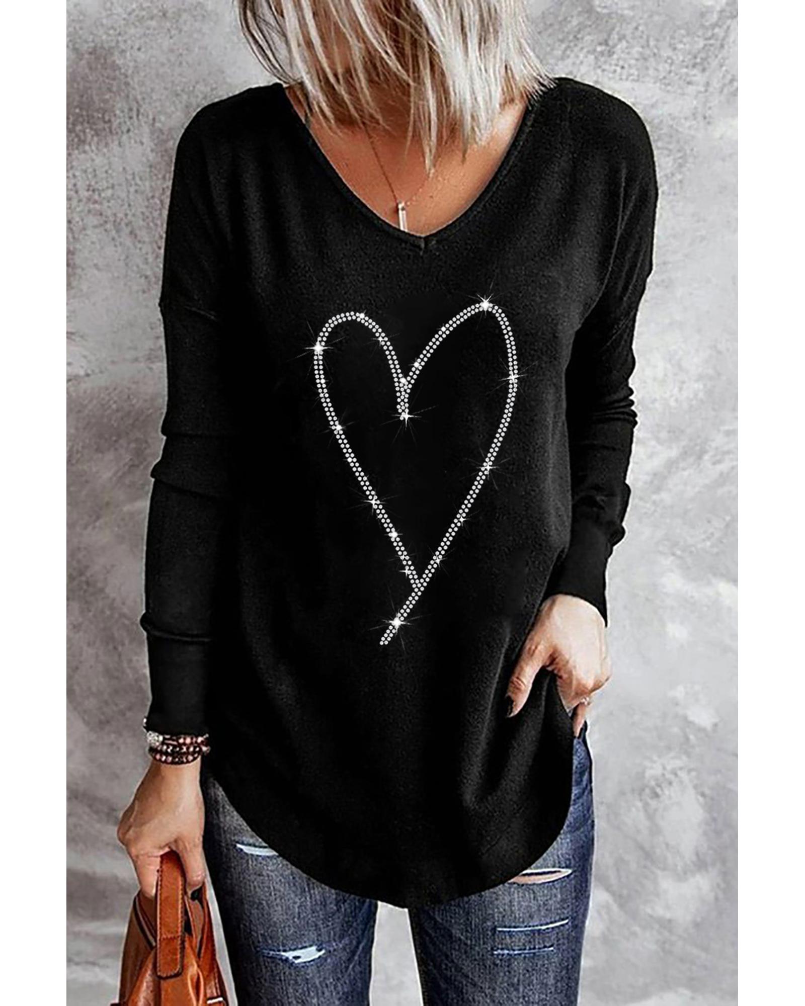 Azura Exchange Heart Shaped V Neck Long Sleeve Top with Rhinestone Embellishment - S Main image